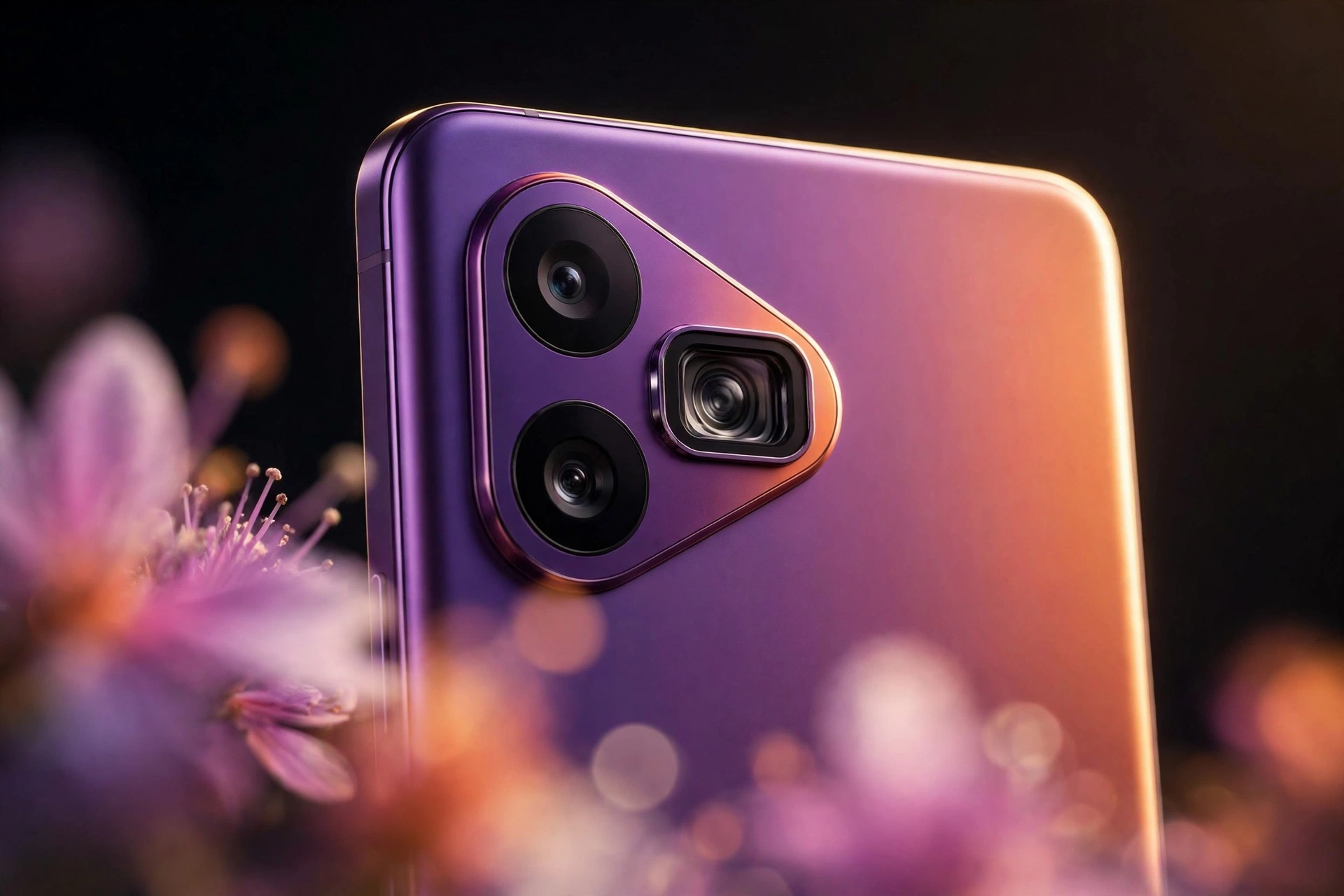 Purple gradient smartphone with triangular camera module and blurred macro flower detail