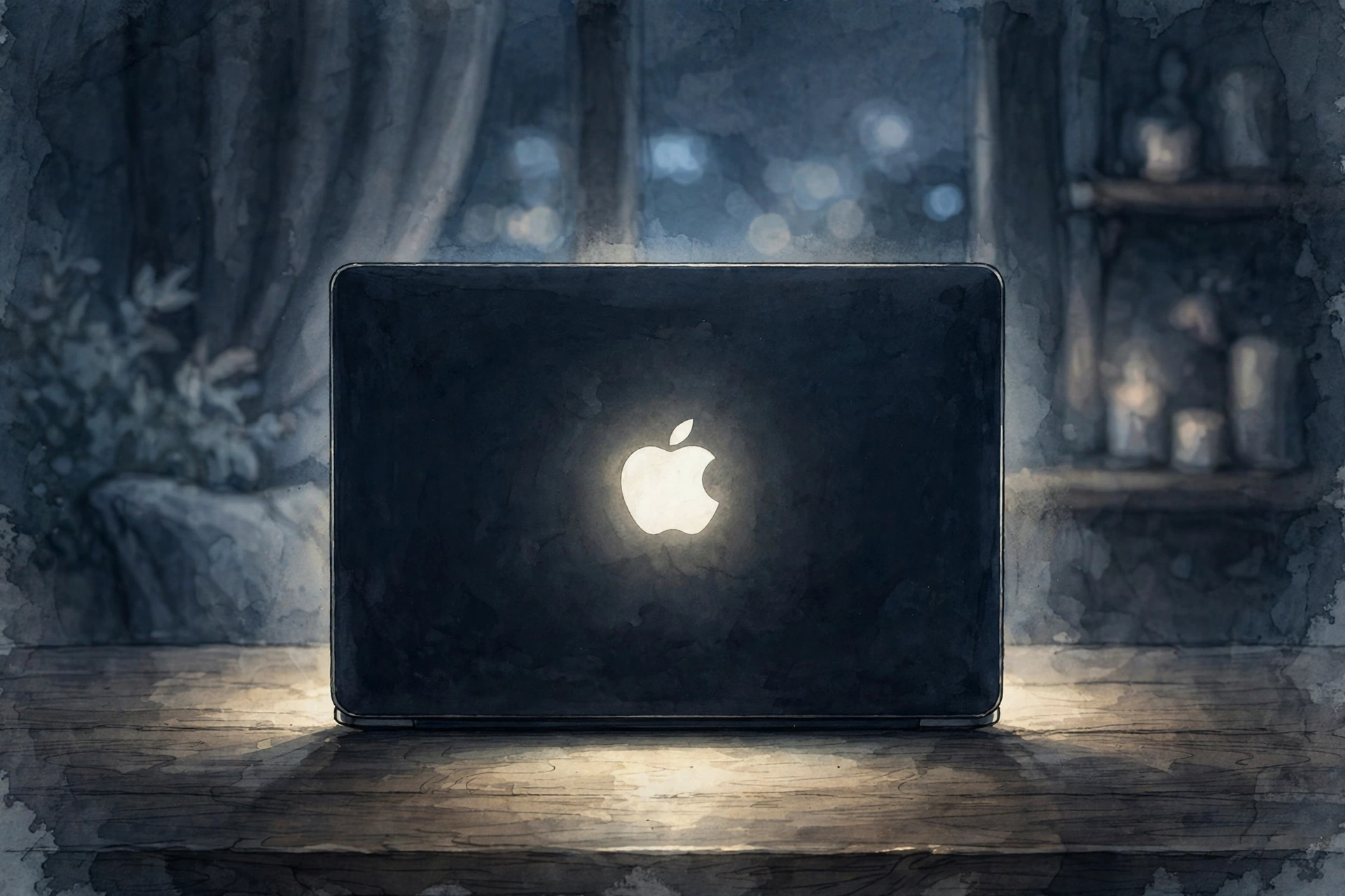 Dark laptop lid with glowing white Apple emblem on wooden desk at night.