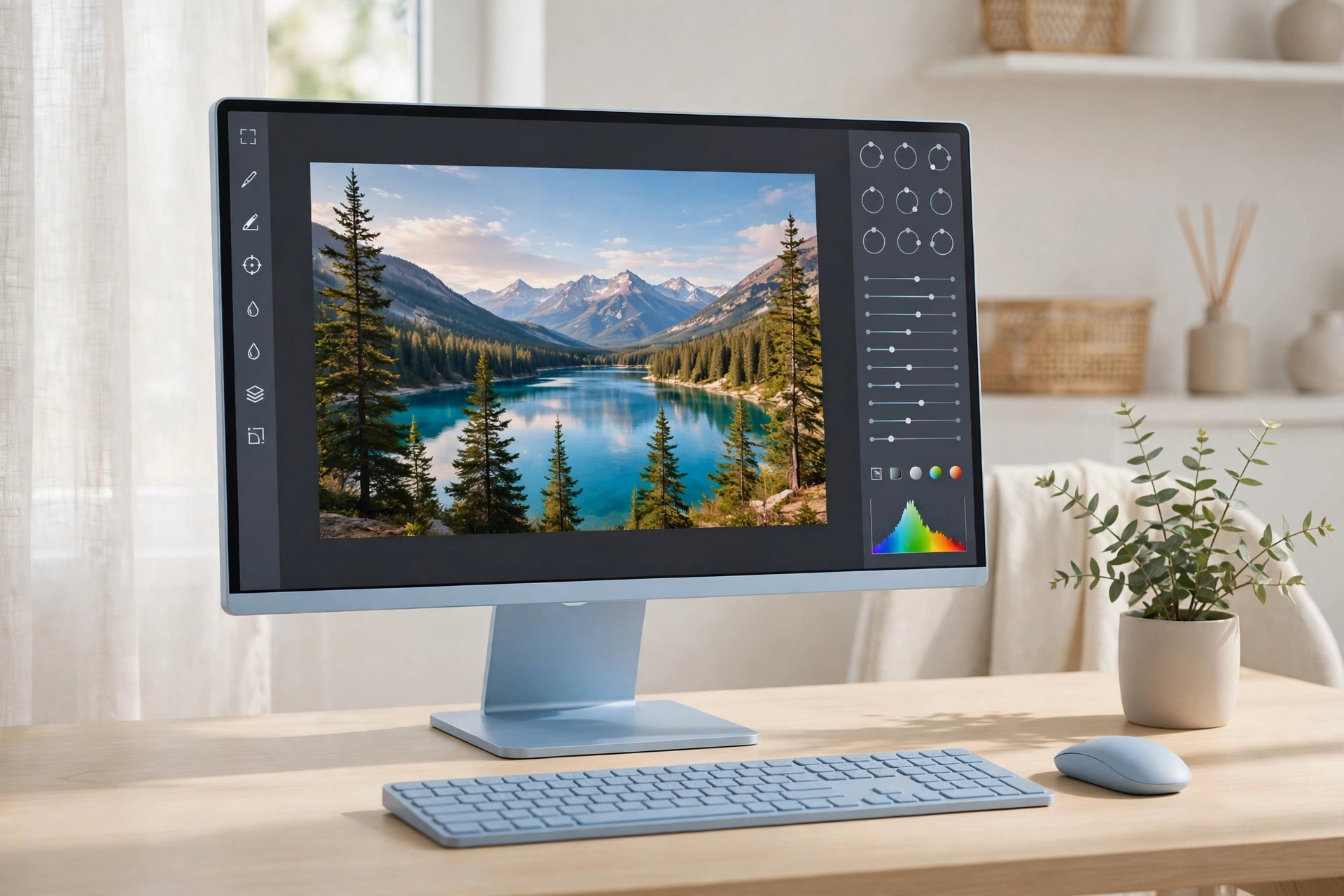 Blue all-in-one desktop computer on a bright desk with photo editing on screen