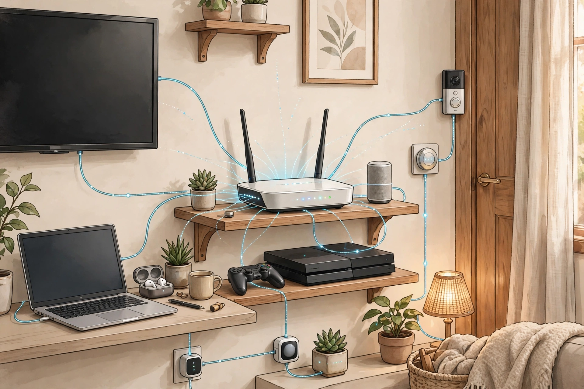 Home router glowing with connected devices, phones, laptops and smart home gadgets around it