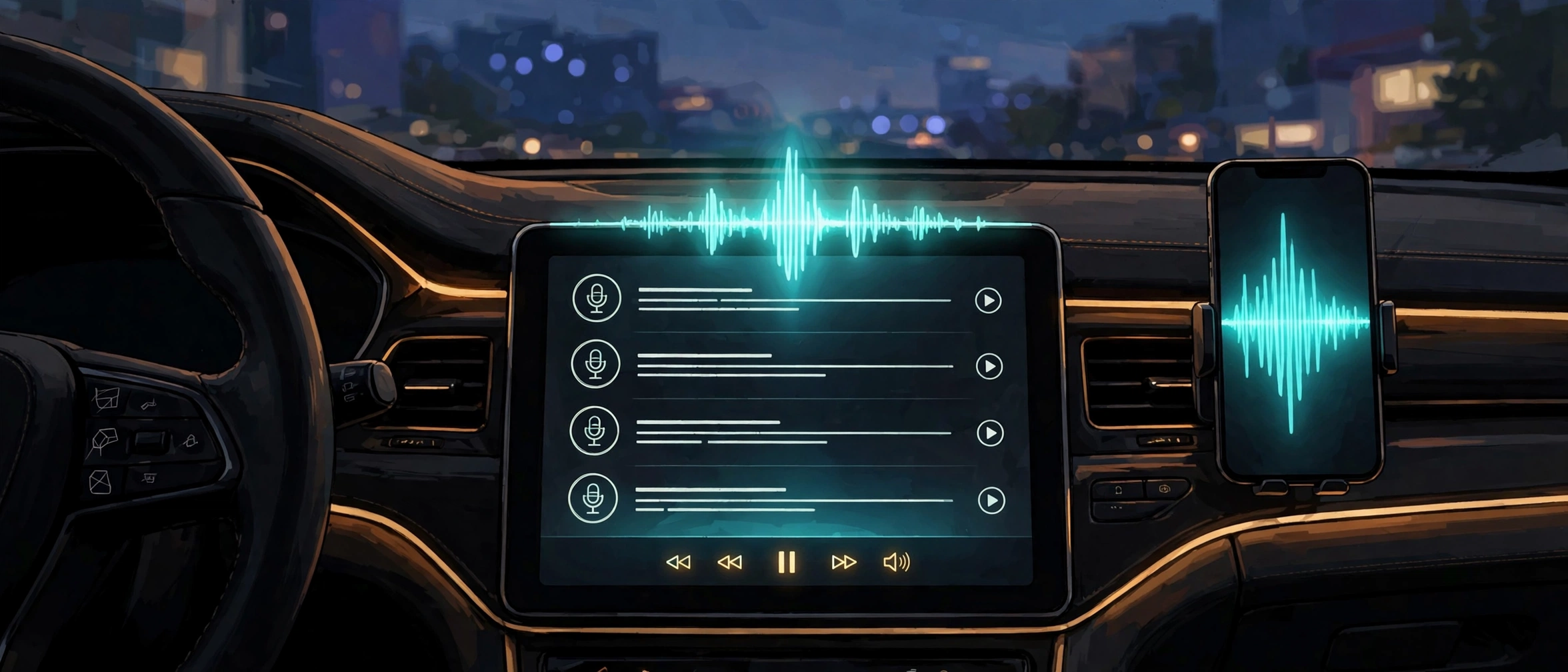 Car dashboard touchscreen showing podcast list and glowing voice assistant waveform.