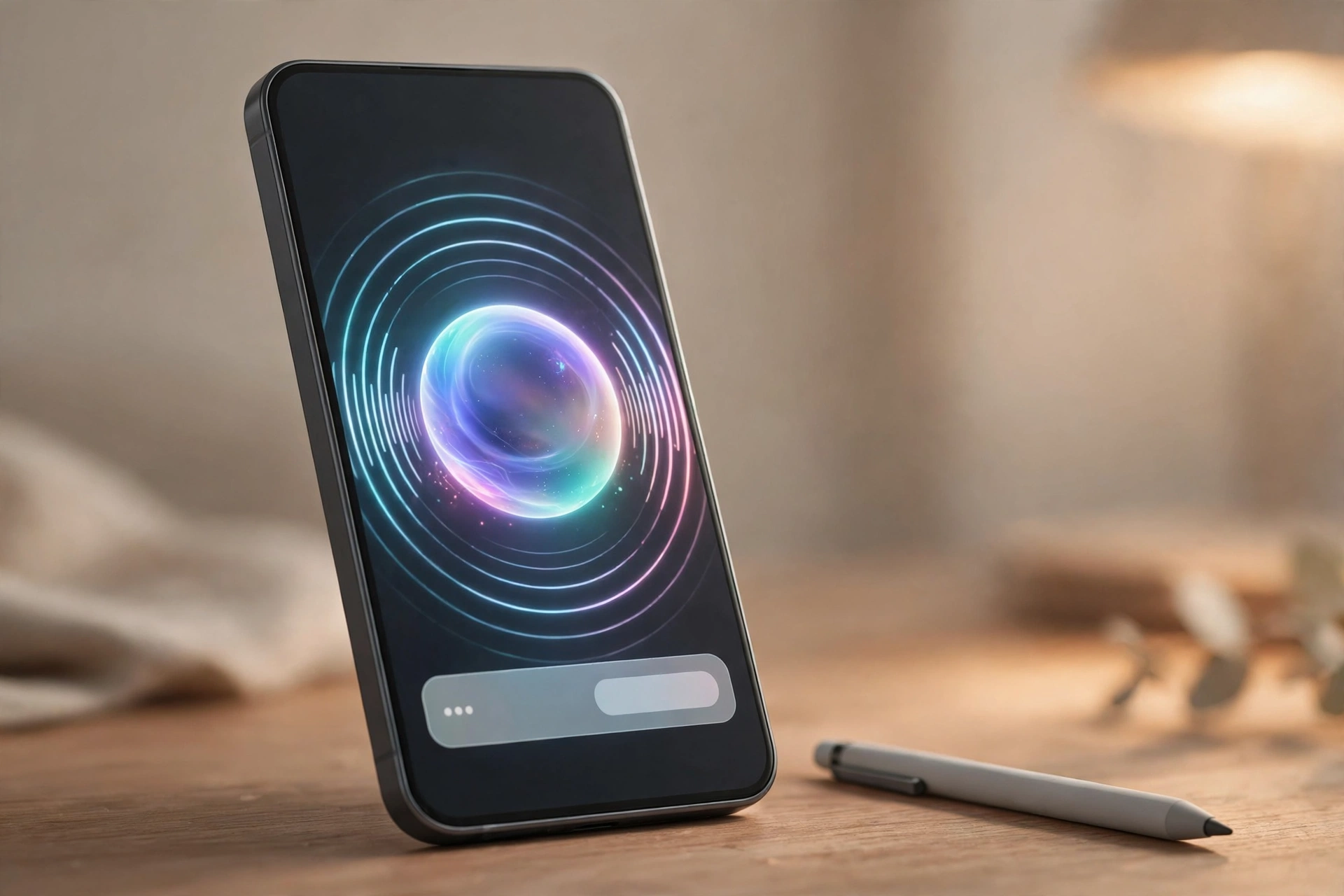 iPhone on a desk showing a glowing AI assistant orb on its screen
