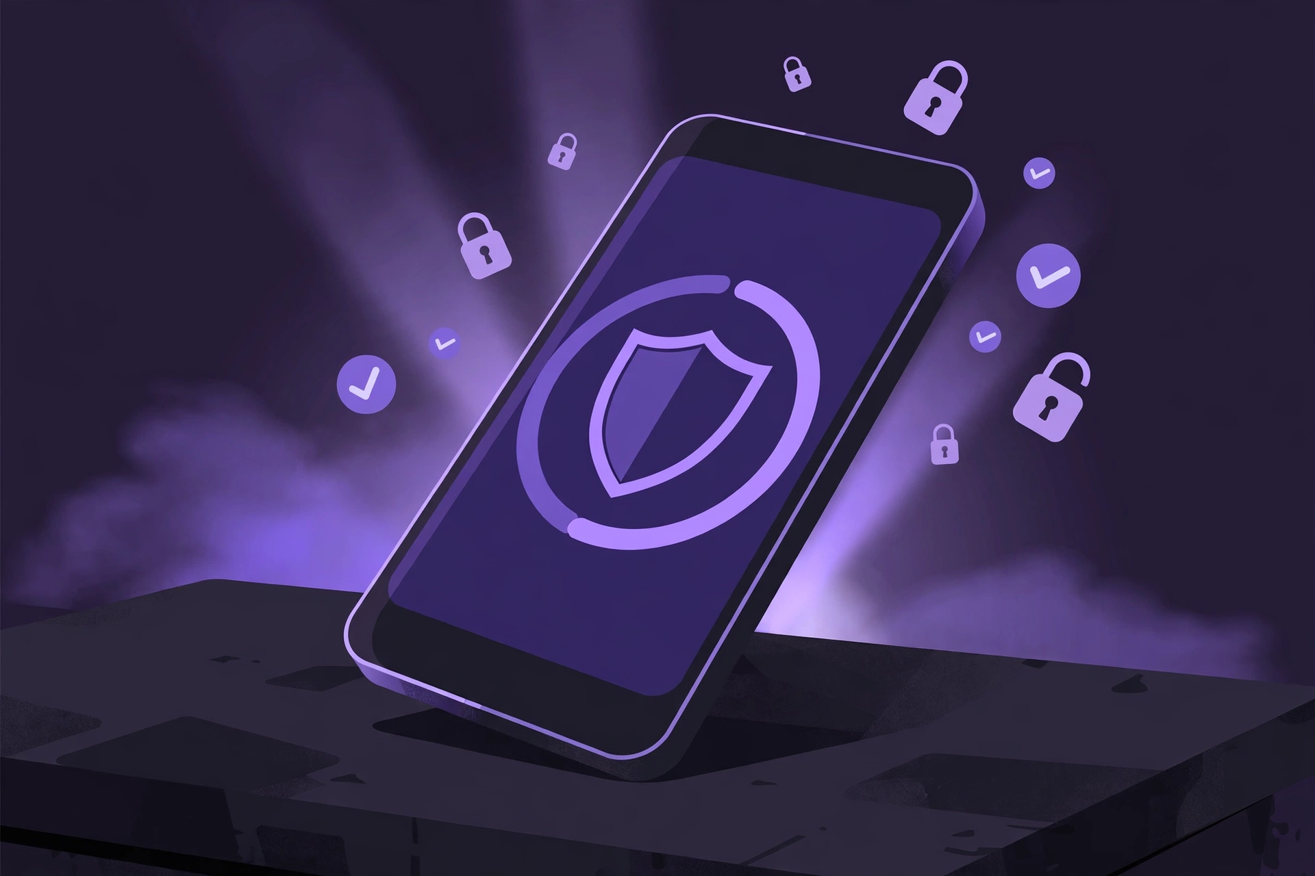 Illustrated smartphone with a shield on its screen and padlocks floating around it.
