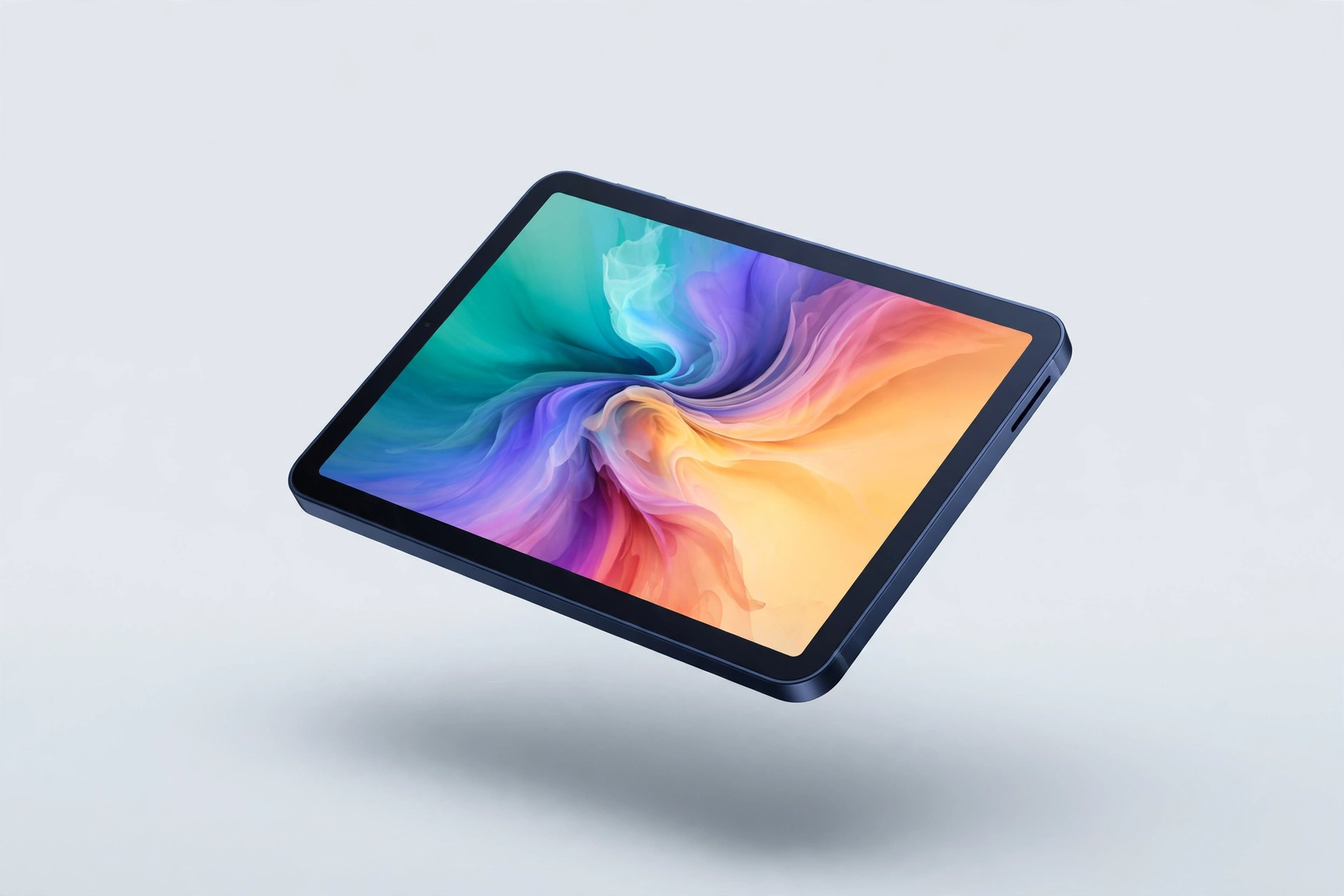 Small dark tablet with bright colorful OLED screen floating on light background