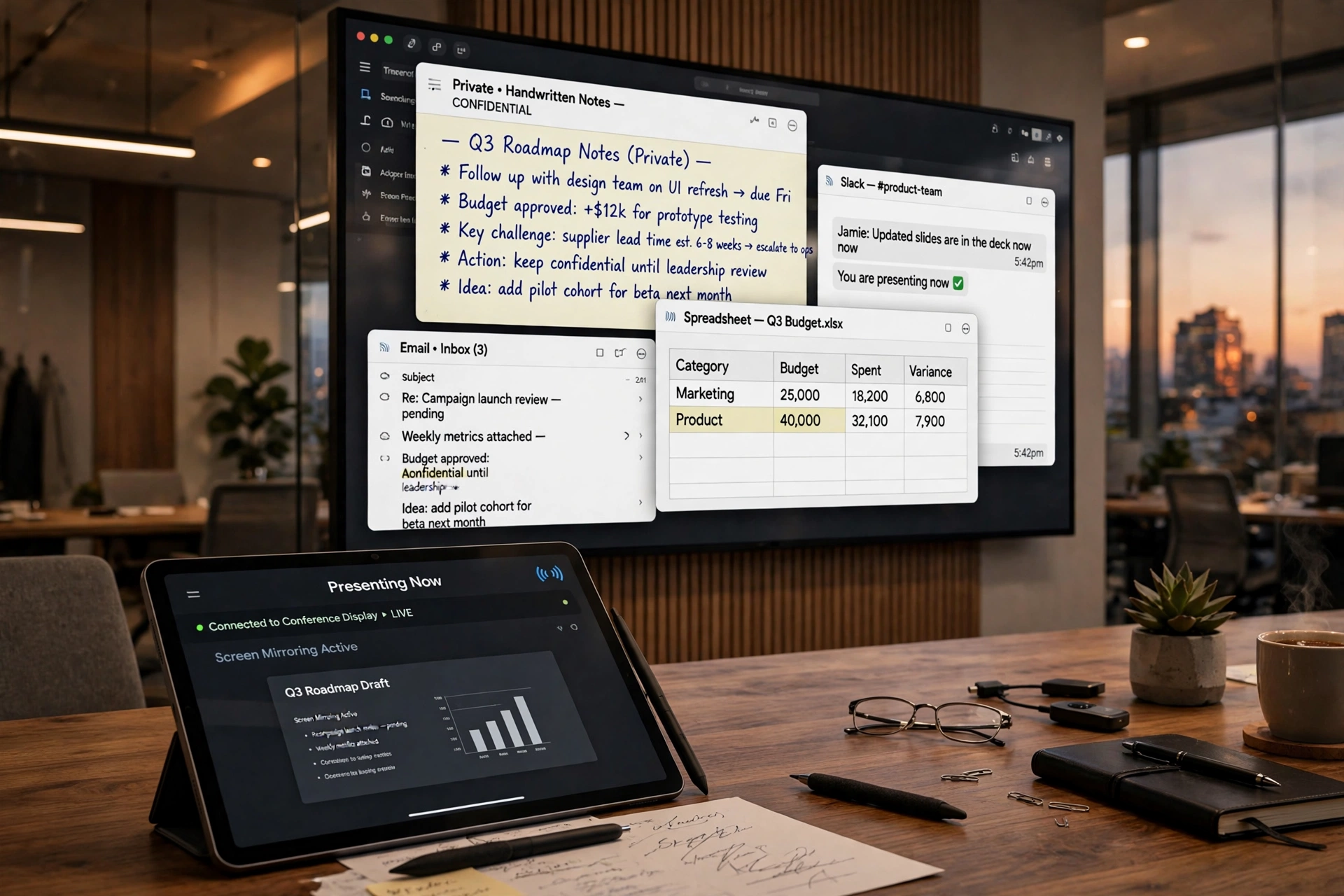 iPadOS 27 AirPlay presentation showing private windows on a large screen