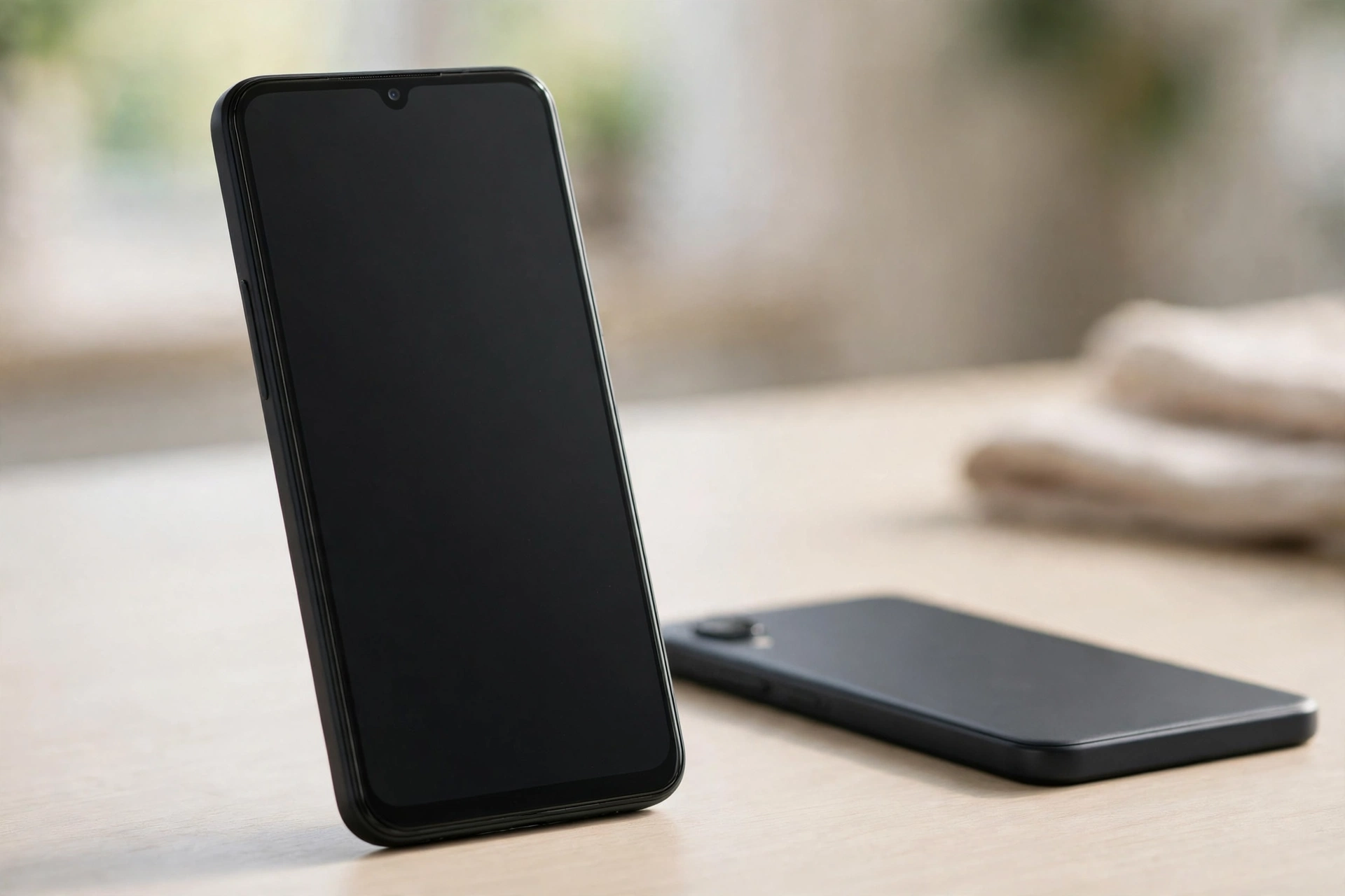 Black budget smartphone with small top notch standing on a light wooden desk