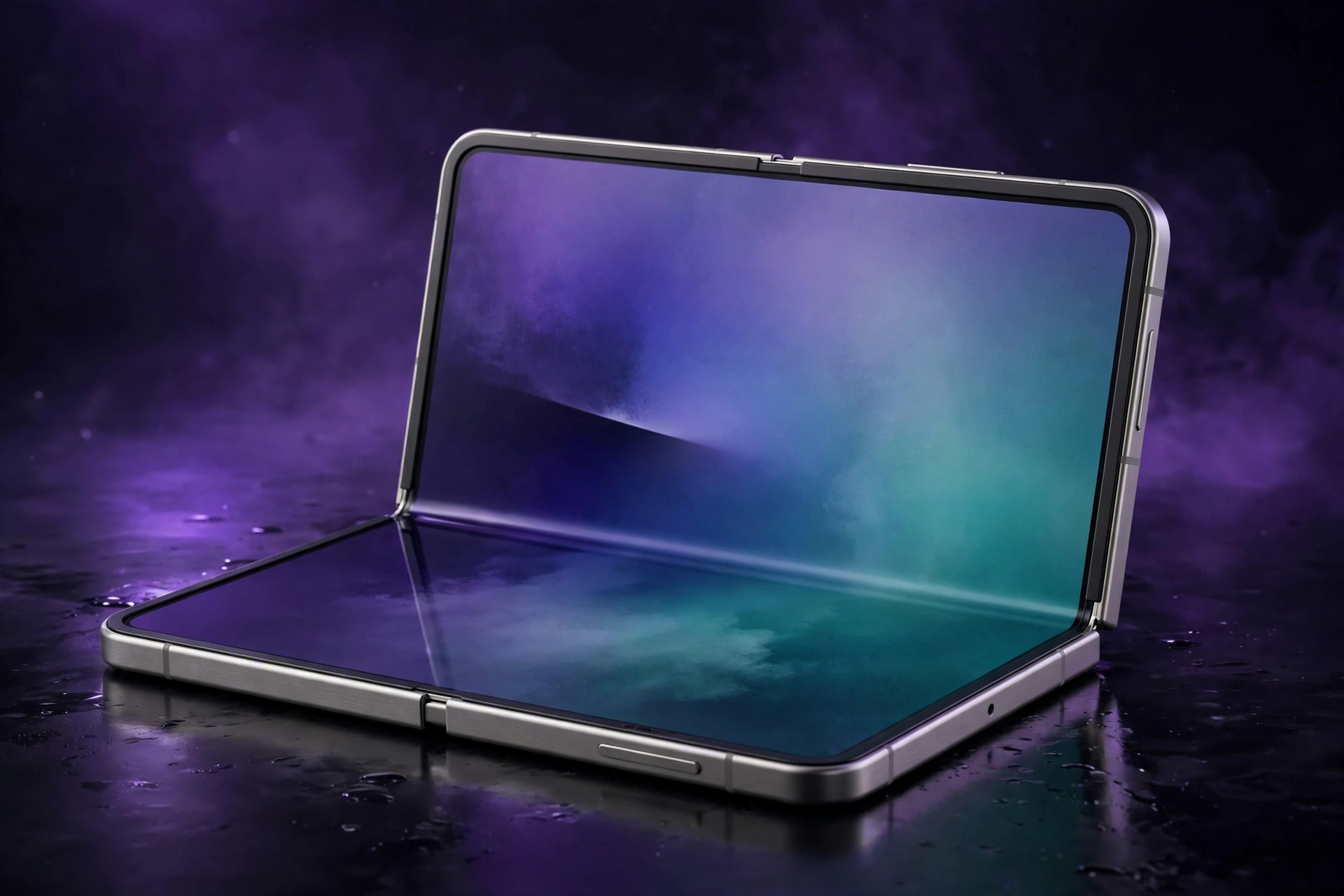 Foldable smartphone half open with clean full screen display and violet gradient wallpaper