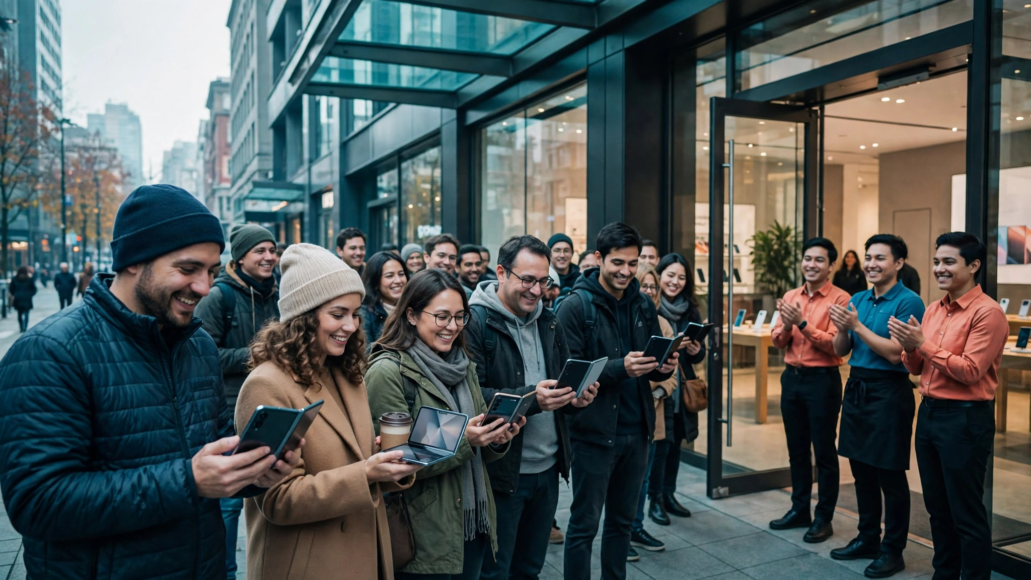 Launch day queue outside a glass flagship store, buyers holding open foldable phones