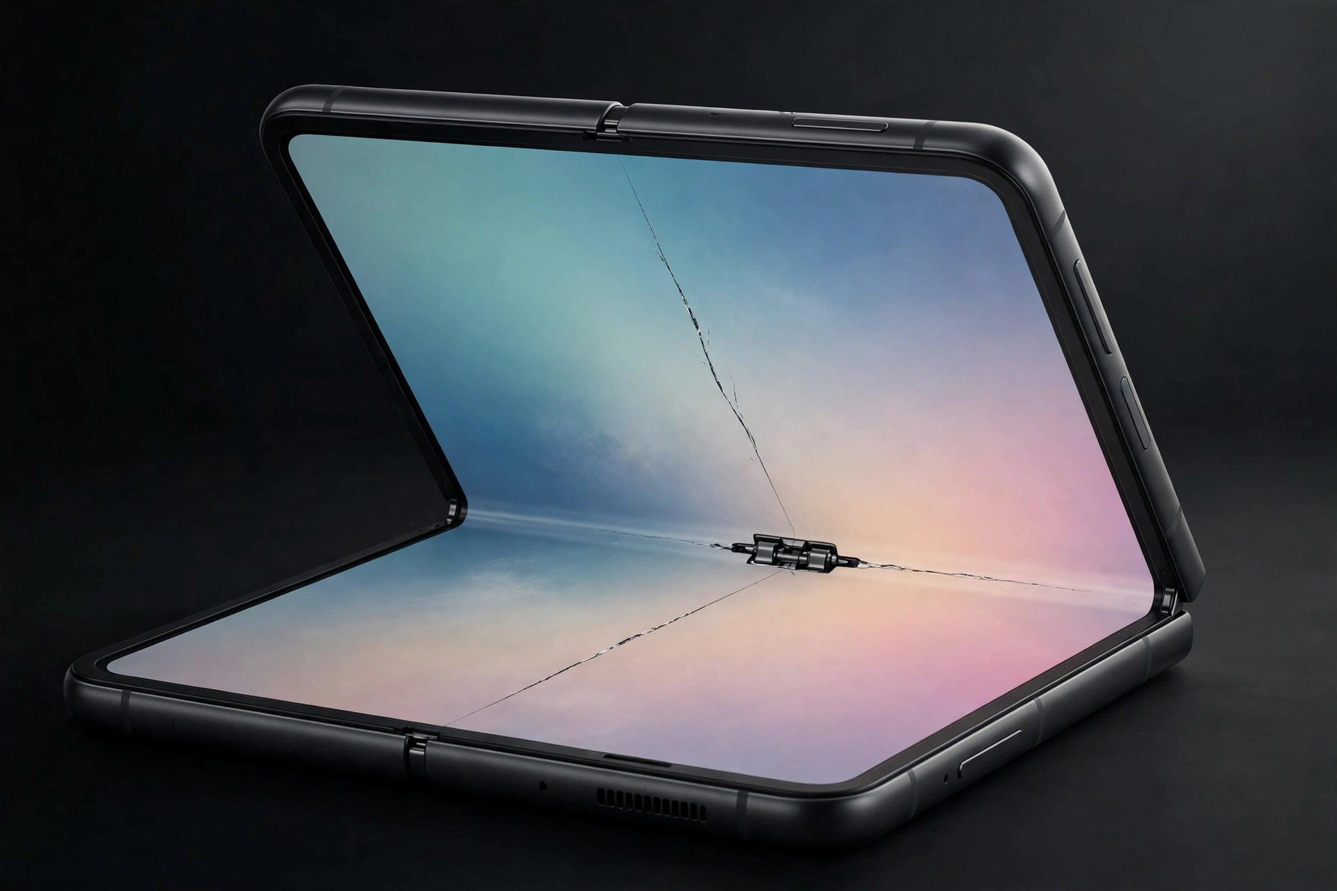 Foldable smartphone with a cracked inner display along the center crease