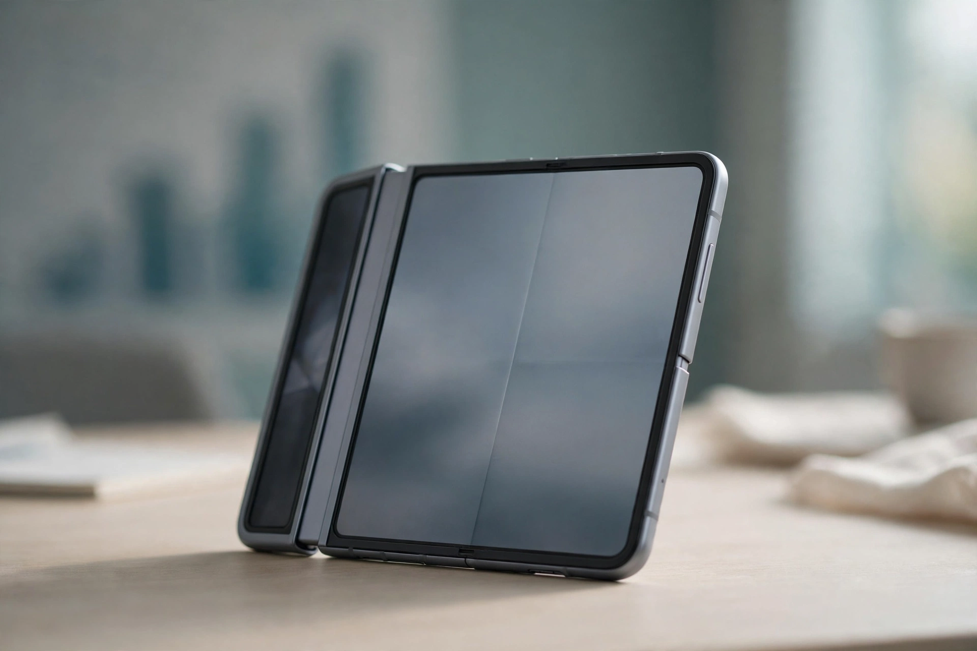 Original foldable smartphone half open on a desk in soft daylight.