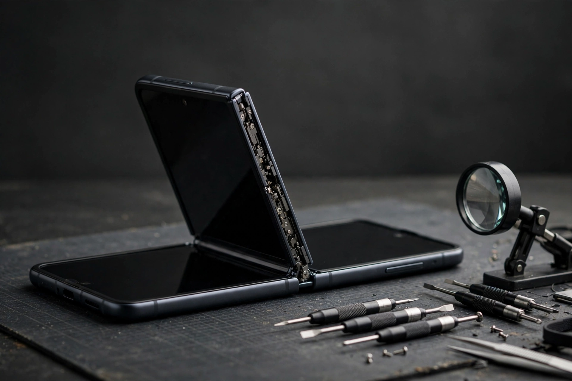 Foldable smartphone opened halfway on a repair bench beside precision tools