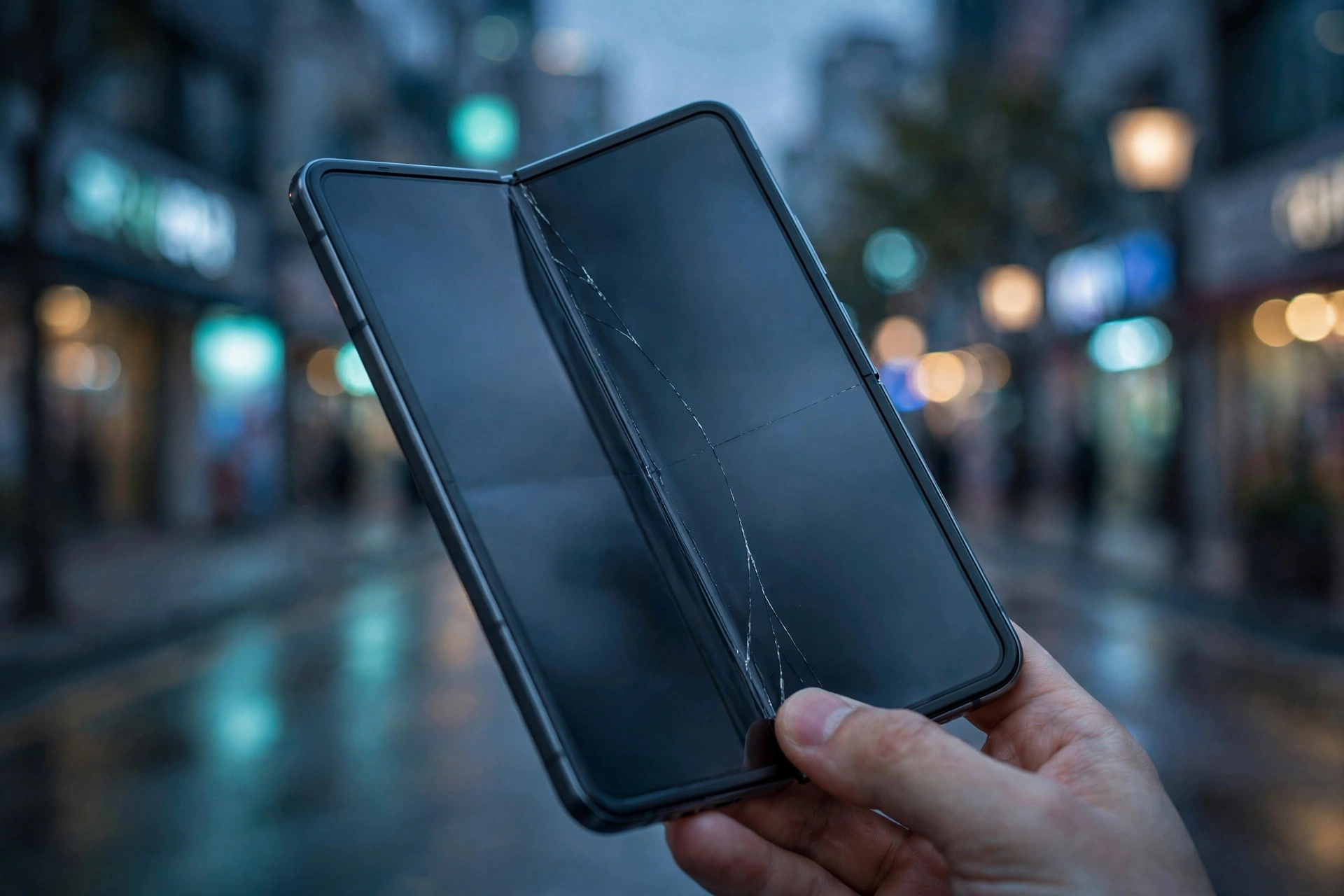 Foldable smartphone held half open showing a crack along its centre crease.