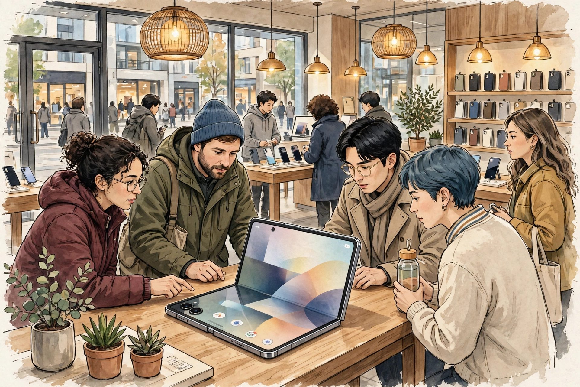 Busy Apple store launch day with customers examining a foldable smartphone