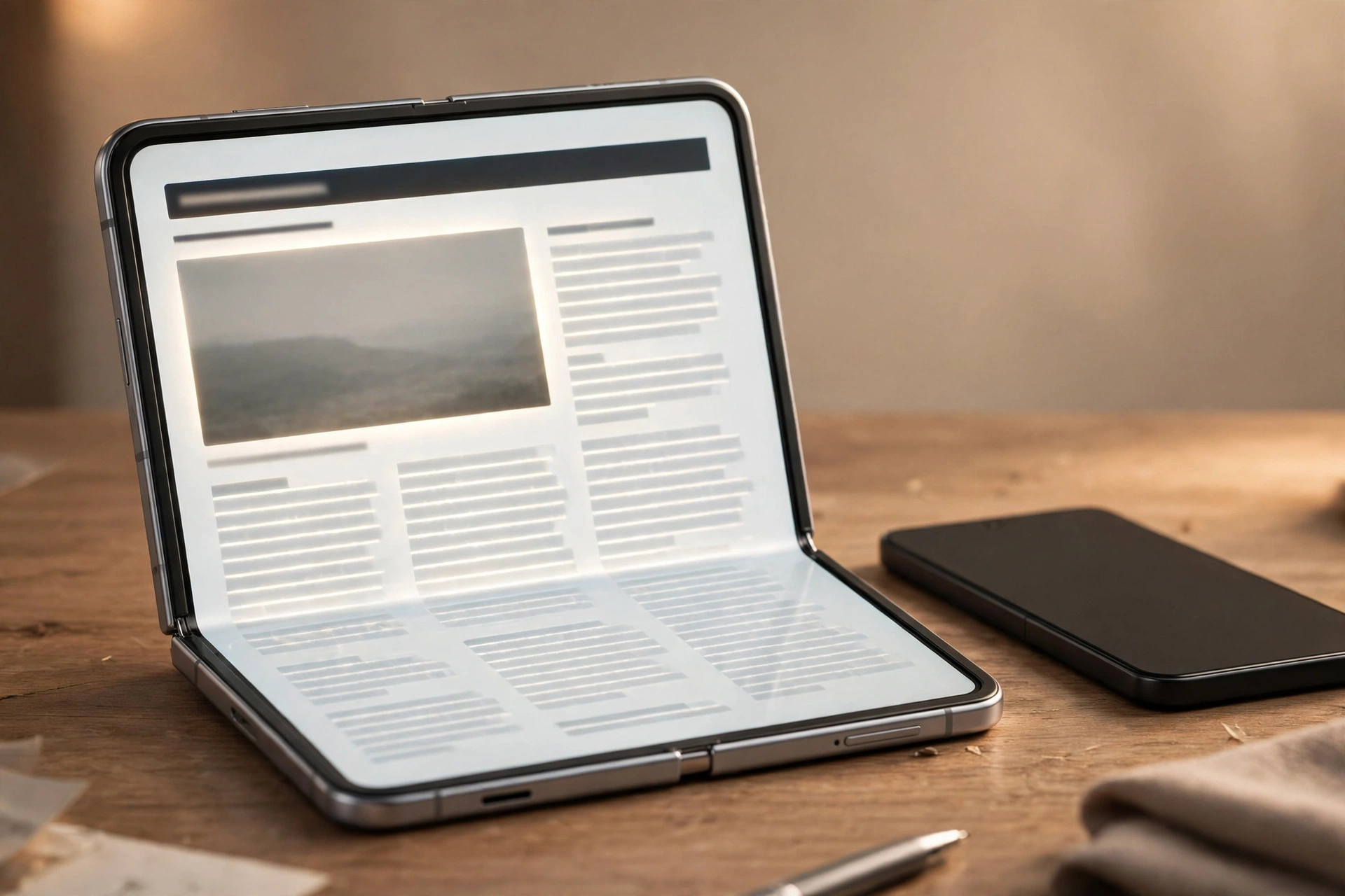 Foldable iPhone Duo half open showing large inner tablet display on desk