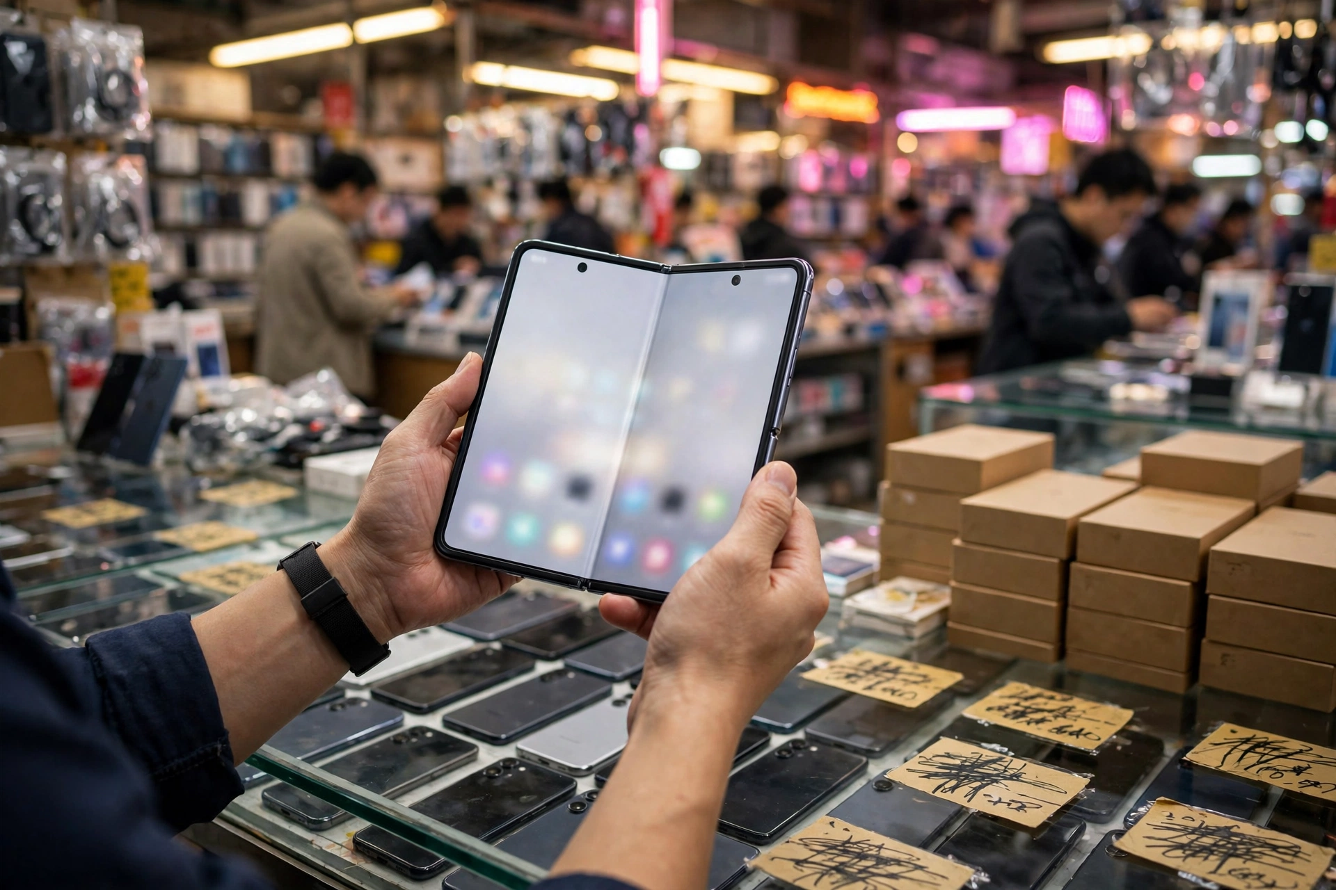 Vendor holding an open foldable phone at a busy Shenzhen electronics market stall