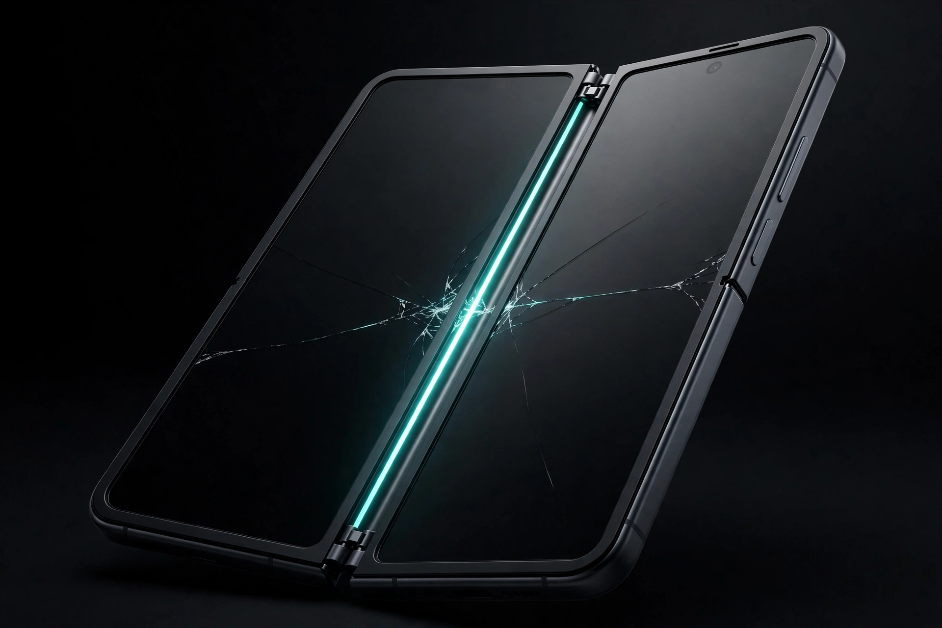 Foldable smartphone half open showing a crack across its inner folding display