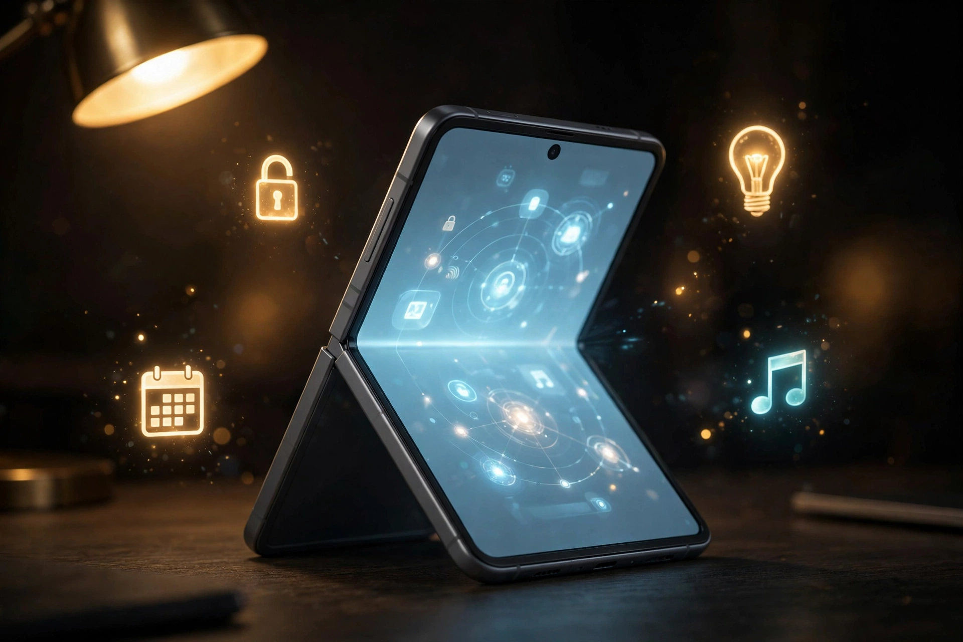 Foldable phone standing half open on a desk with glowing automation icons around it