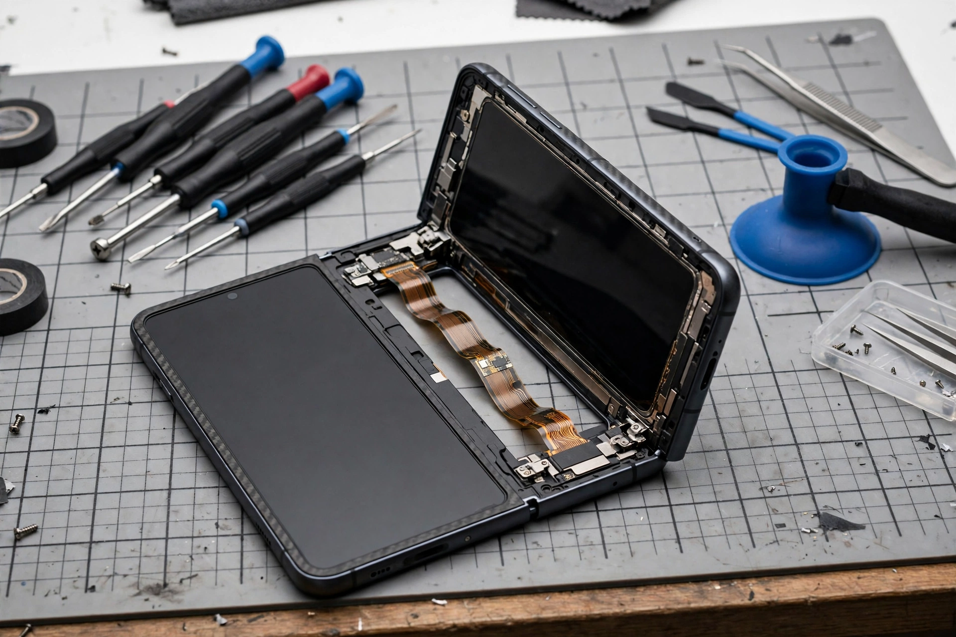 Foldable iPhone Duo opened on a repair bench showing its hinge mechanism