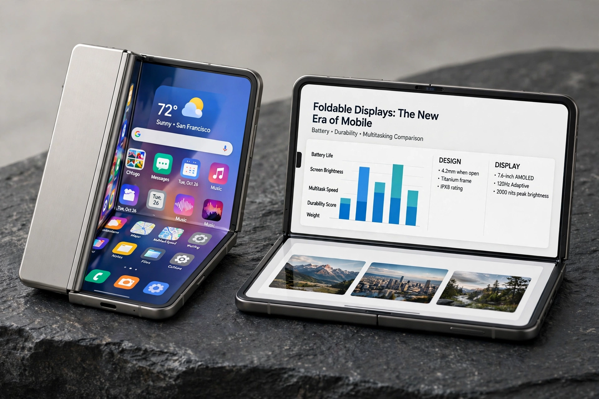 Two book style foldable smartphones open side by side on a dark stone surface