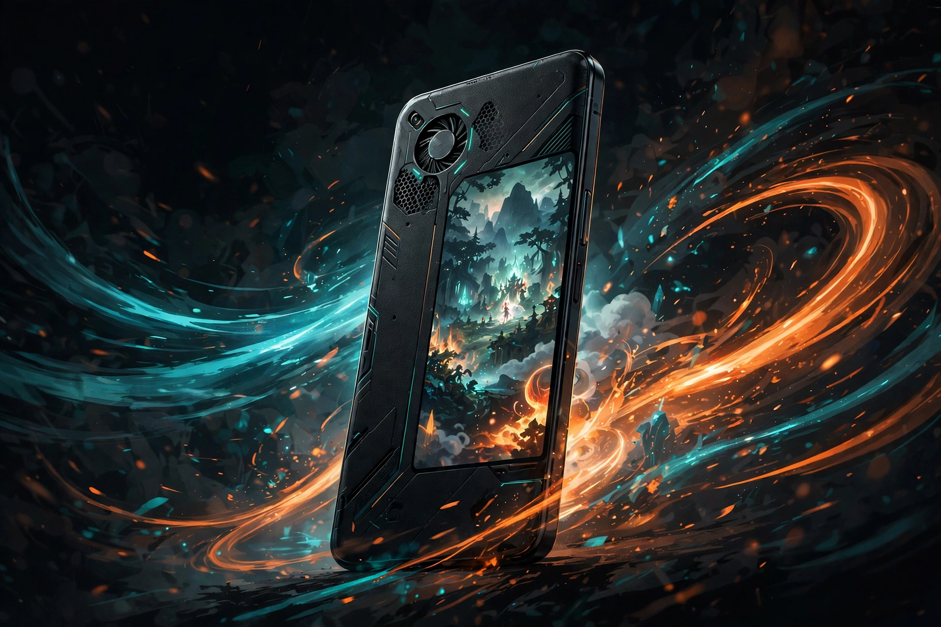 Gaming smartphone standing upright with glowing display and orange light streaks