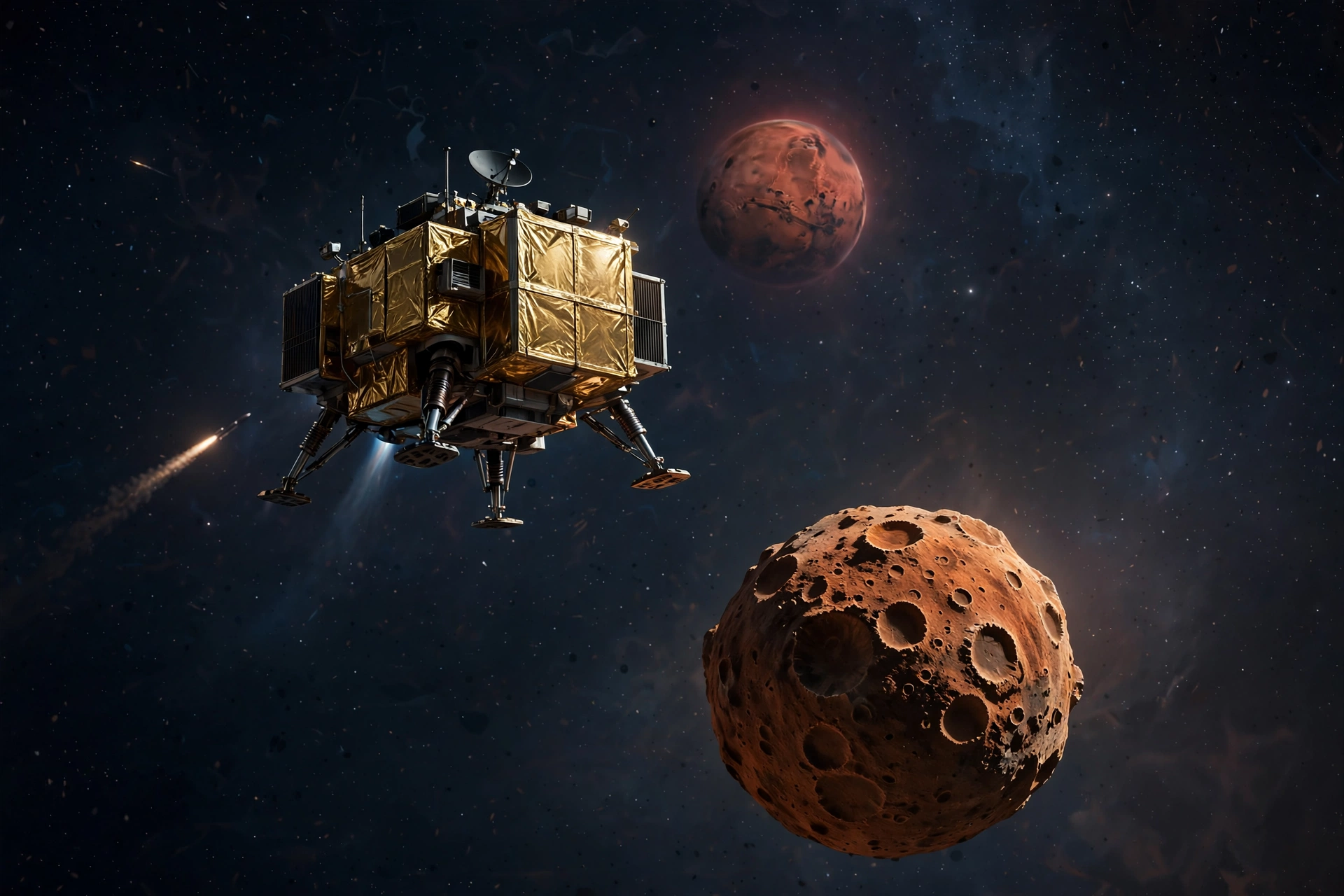 Original illustration of a spacecraft approaching cratered Phobos with Mars glowing behind