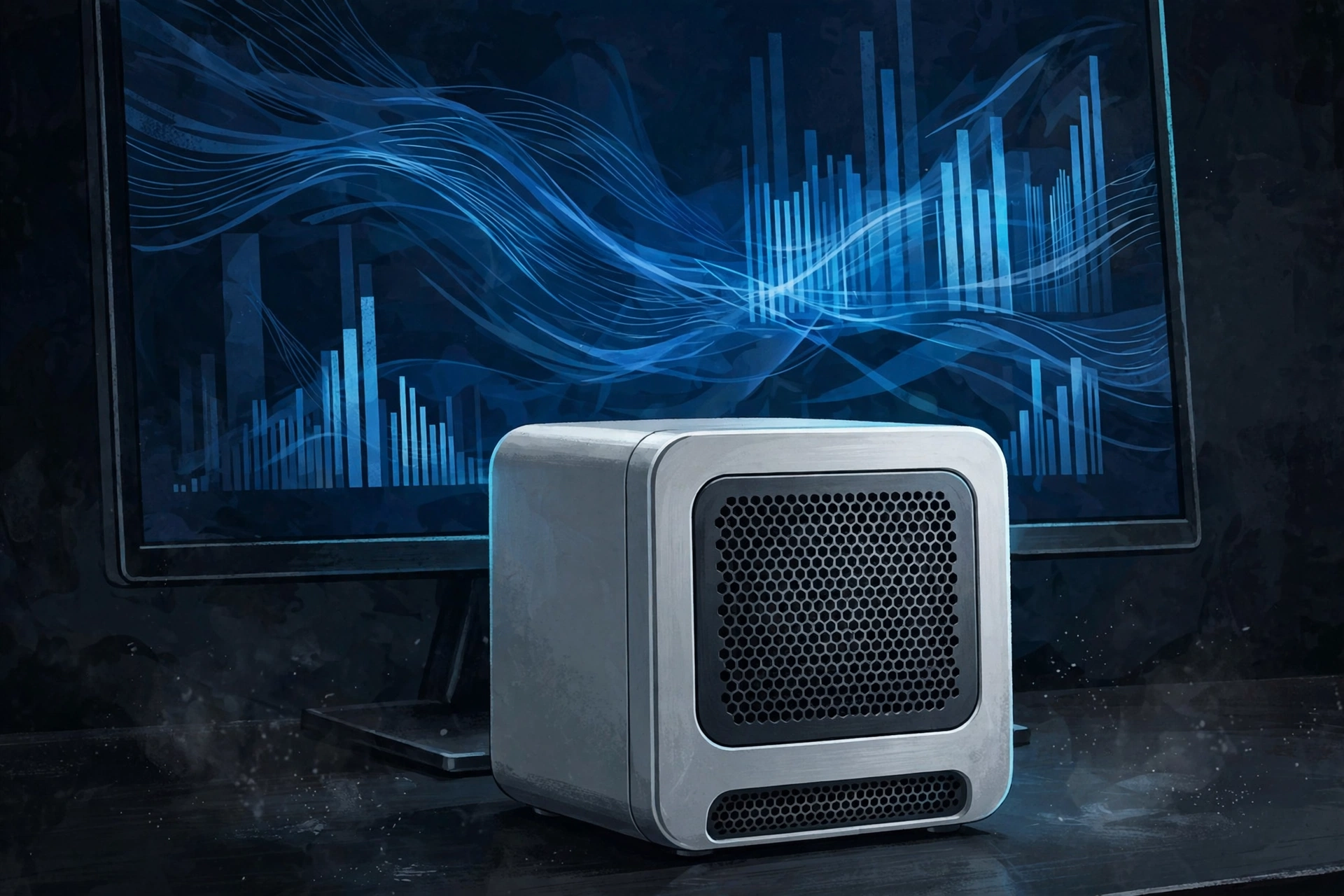 Compact silver desktop computer in front of glowing blue data display.