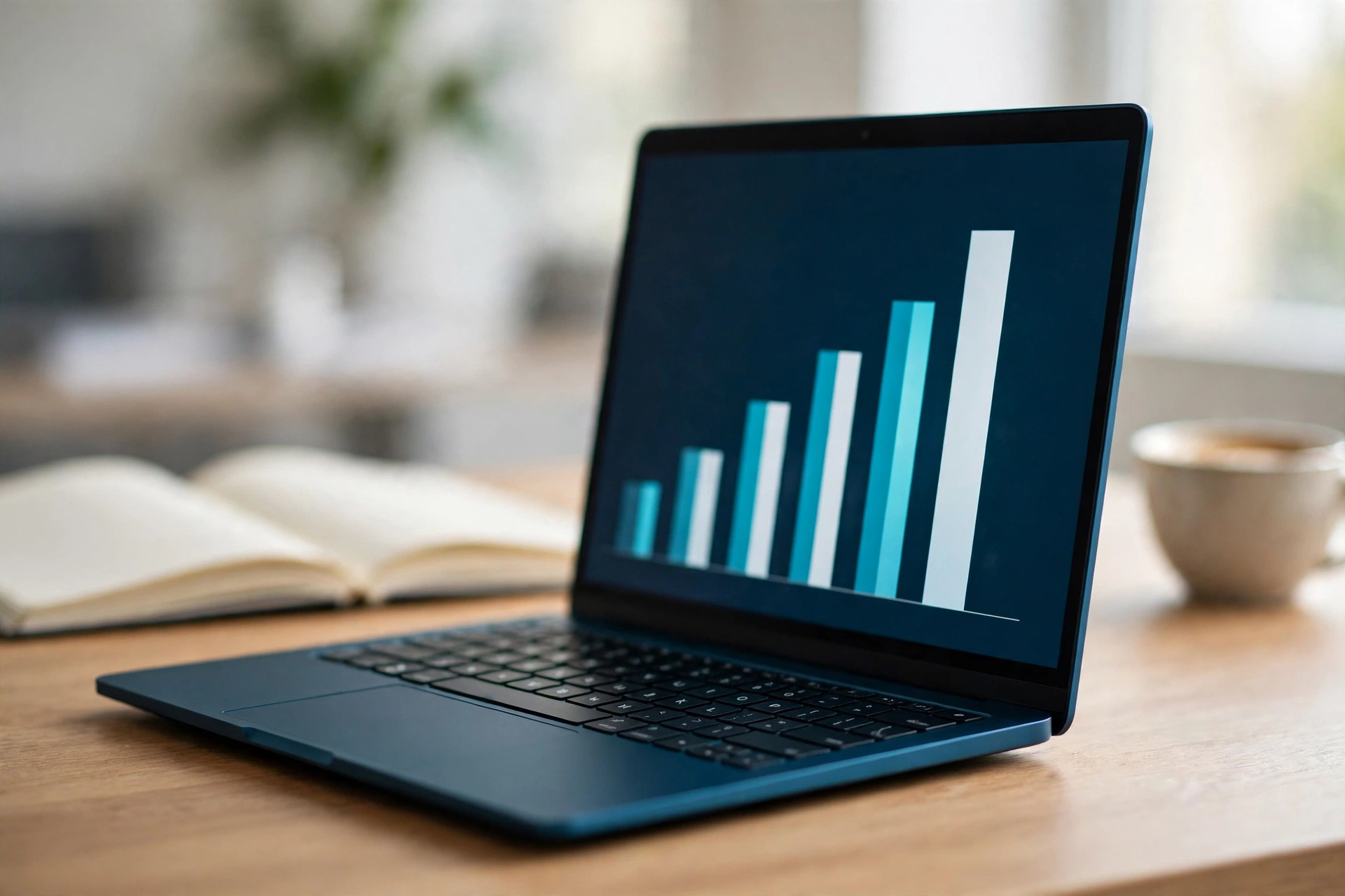 Slim teal laptop on a wooden desk showing a rising cyan sales chart