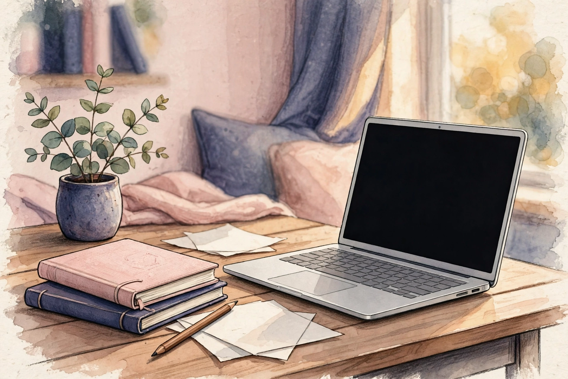 Watercolor illustration of a slim silver laptop beside notebooks on a wooden desk.