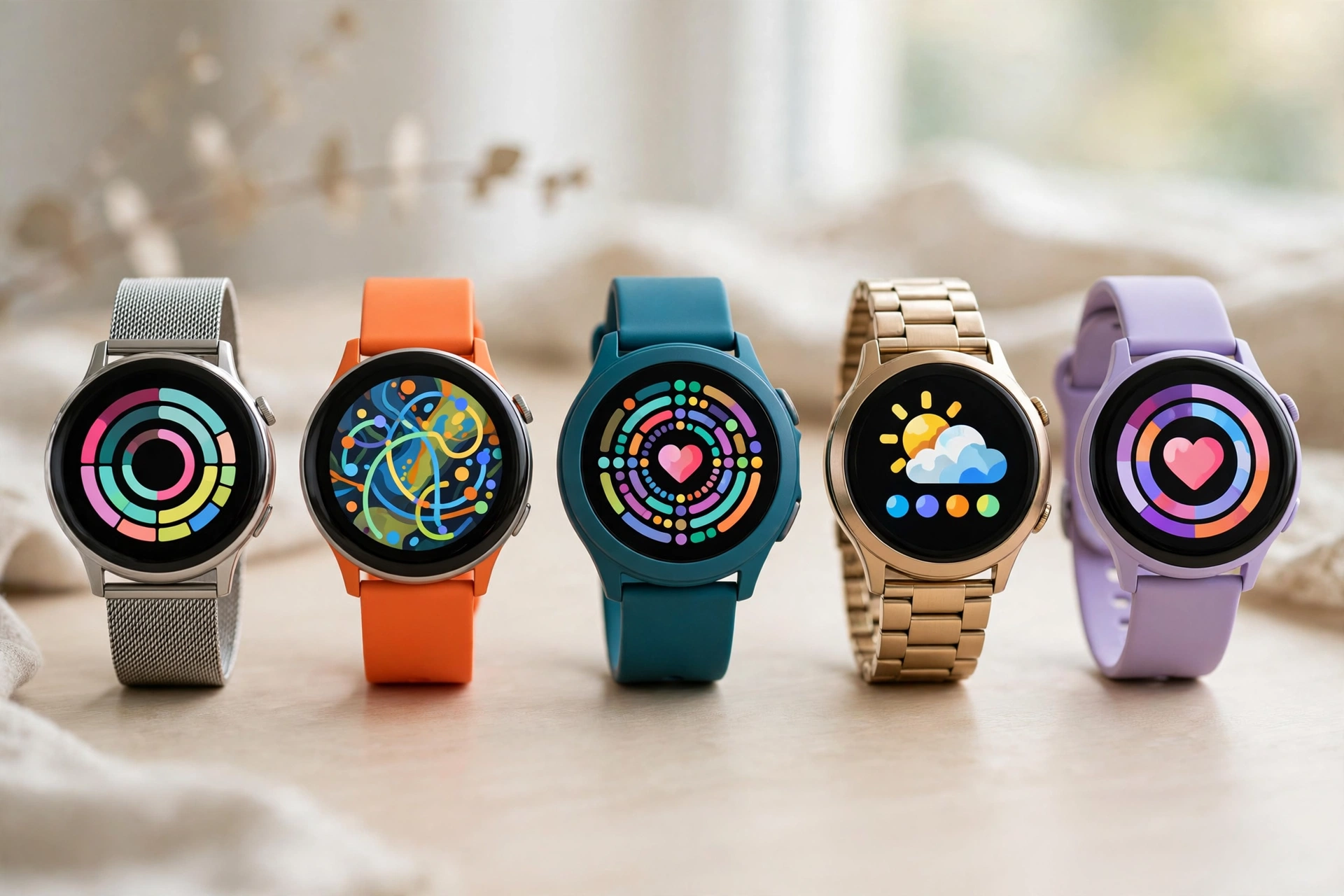 Five colourful round smartwatches with bright fitness displays lined up
