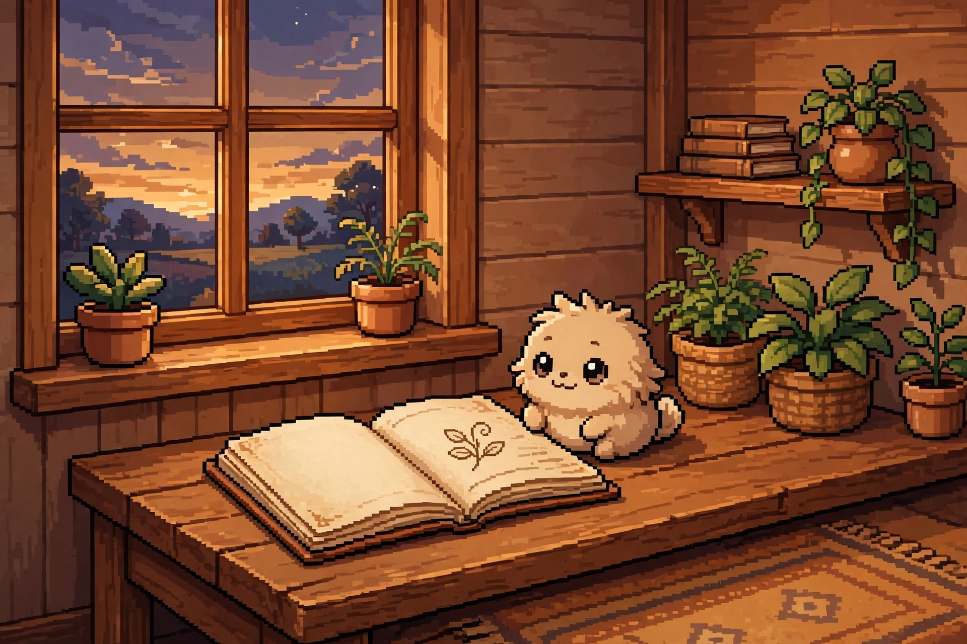 Original pixel art pet sitting beside an open journal with a doodle.