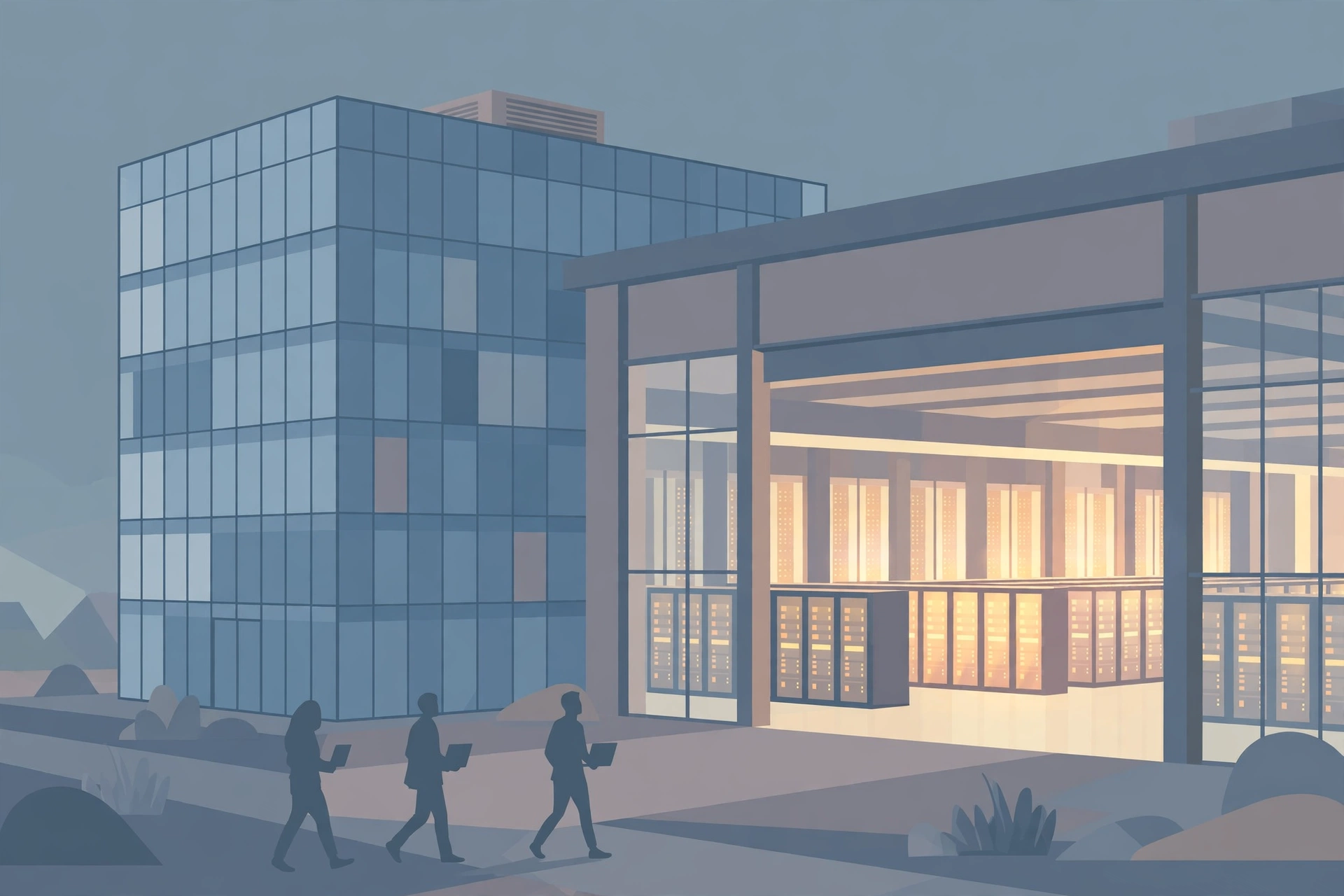 Modern office building beside a glowing data center hall with workers walking outside