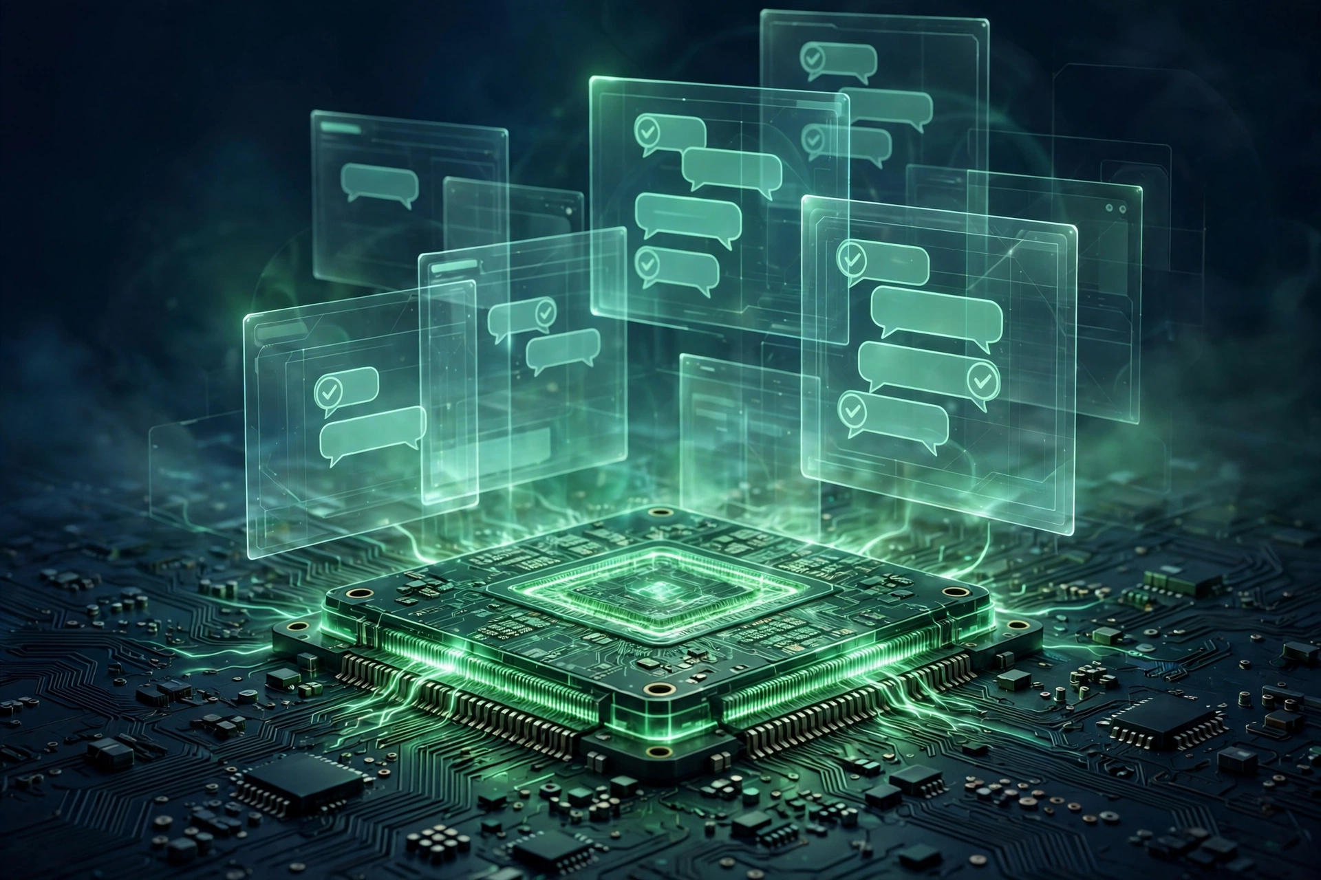 Glowing green computer chip with holographic AI assistant panels above a circuit board