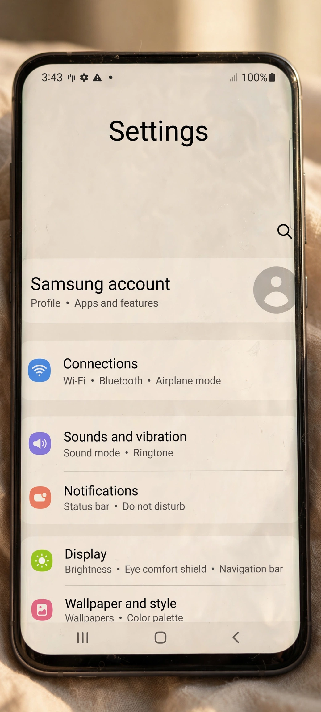 Samsung Galaxy phone showing One UI settings menu with display options
