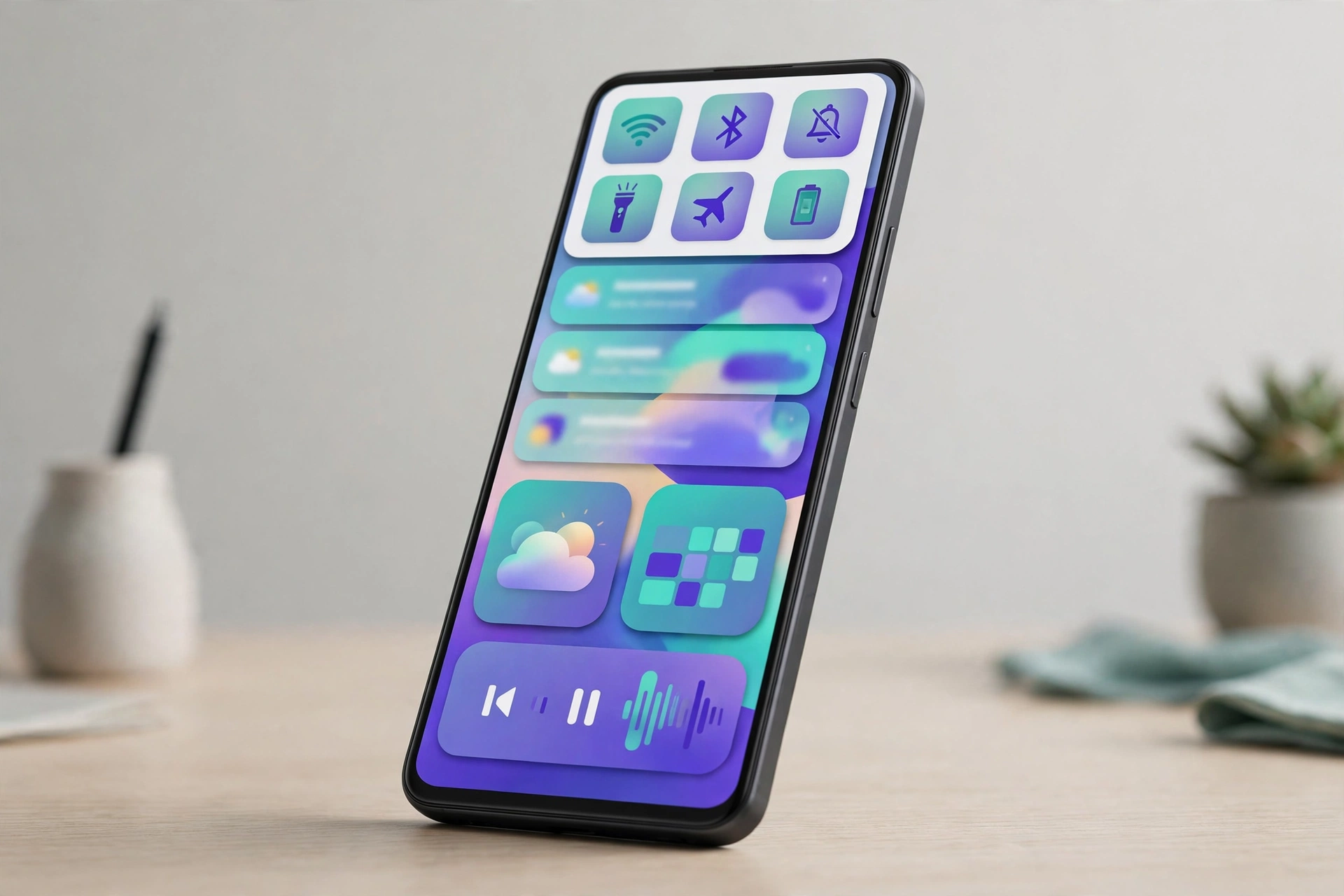 A OnePlus smartphone showing a colorful redesigned home screen interface.