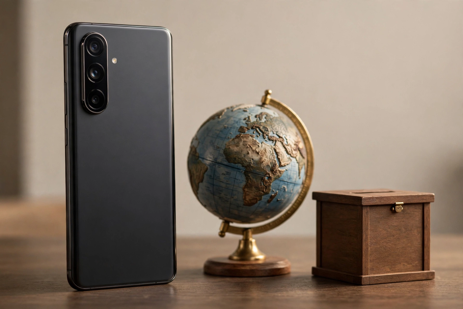 A flagship smartphone beside a globe and a ballot box for a reader poll