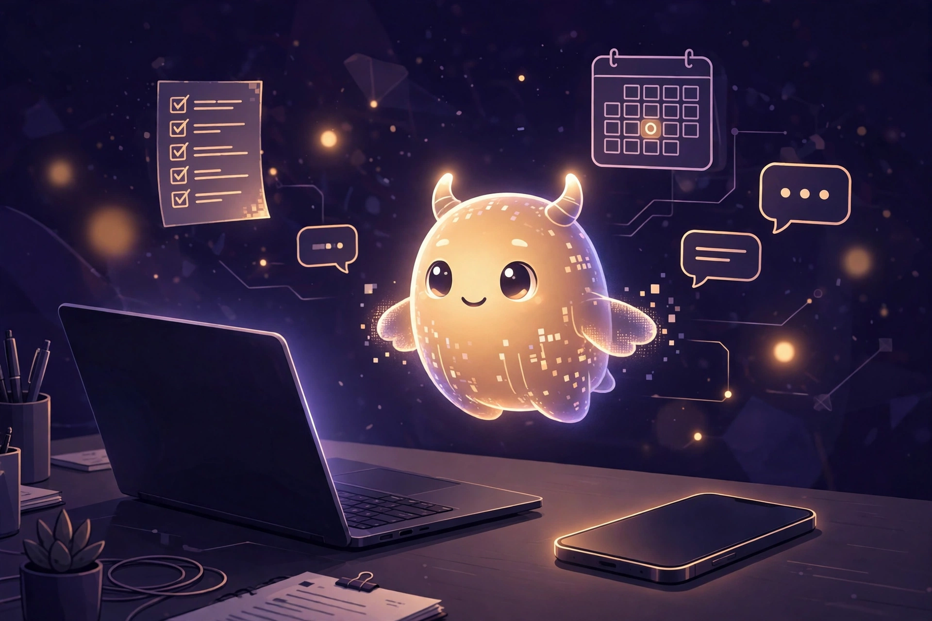 Glowing AI helper character beside a smartphone and laptop on a modern desk