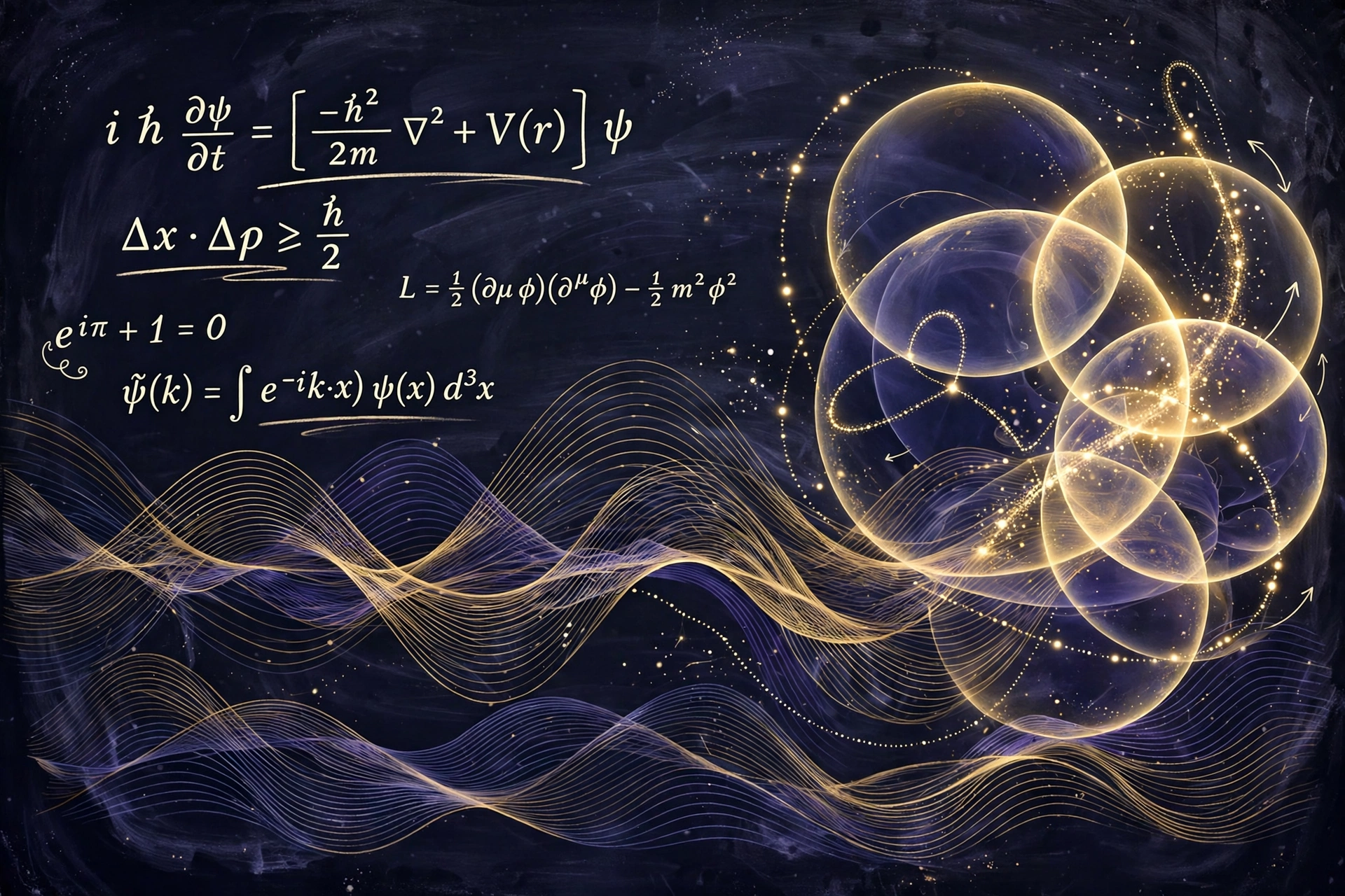 Abstract chalkboard equations with glowing quantum field patterns in indigo and gold