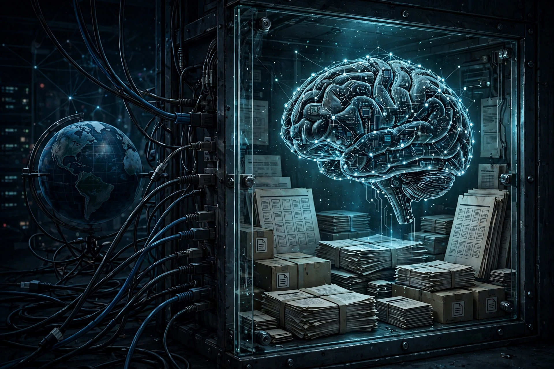 Original illustration of an AI brain behind a sandbox wall beside a globe