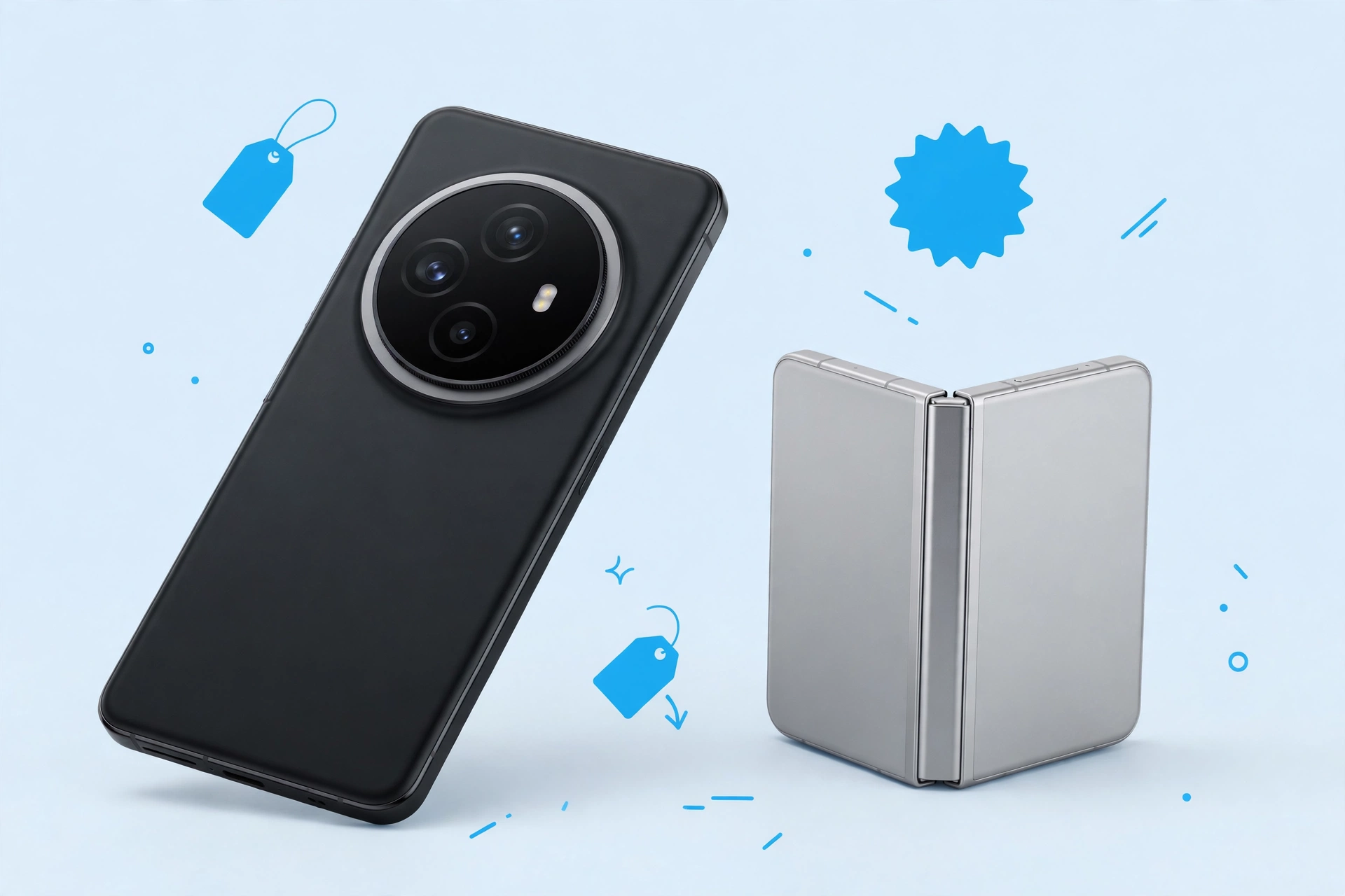 Original illustration of two smartphones with shopping discount tags on a light background