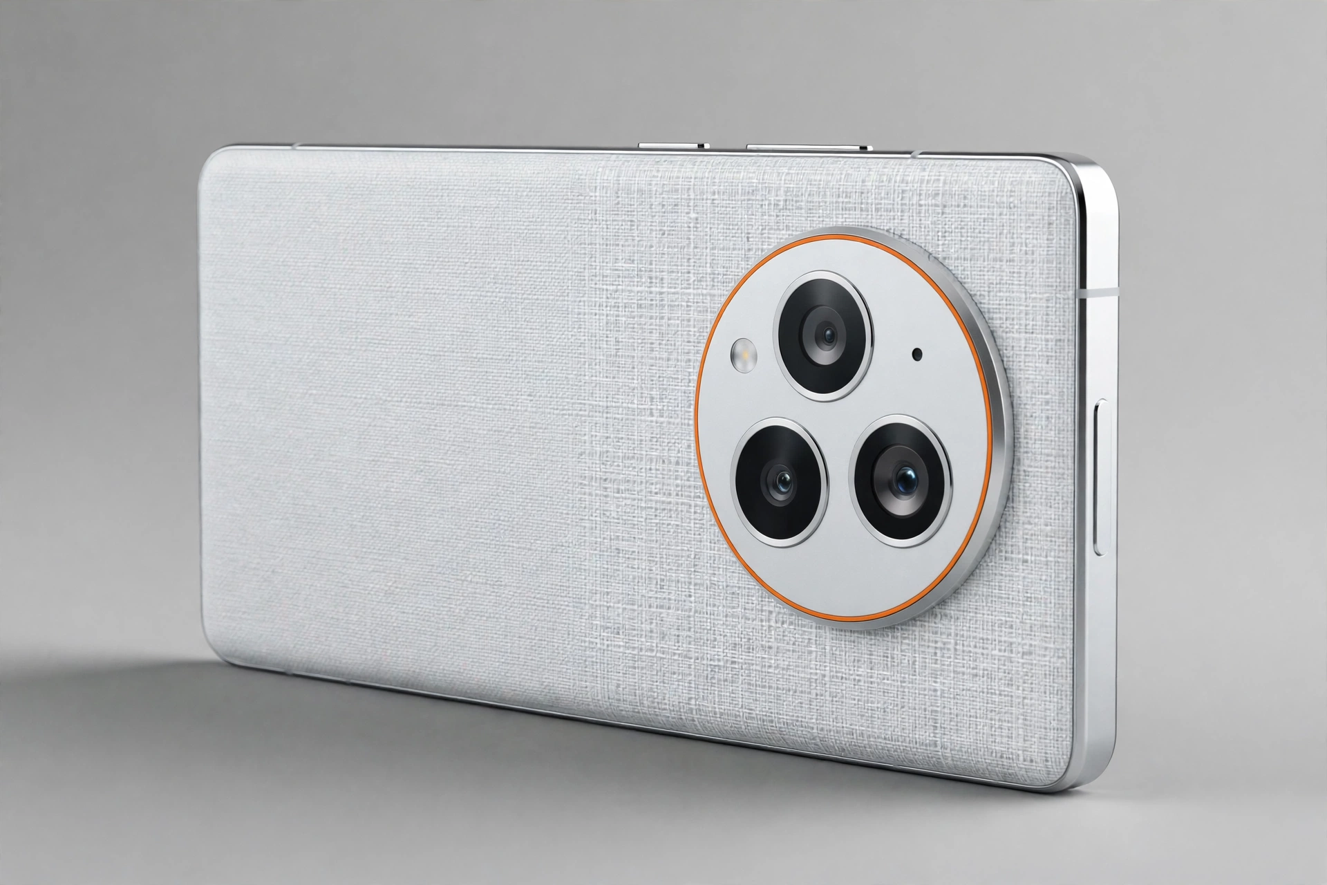 Silver white flagship smartphone with round triple camera module and orange accent ring
