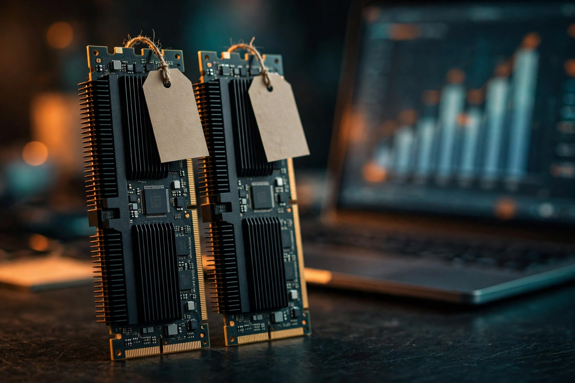 Two DDR5 RAM modules with blank price tags beside a laptop showing rising prices