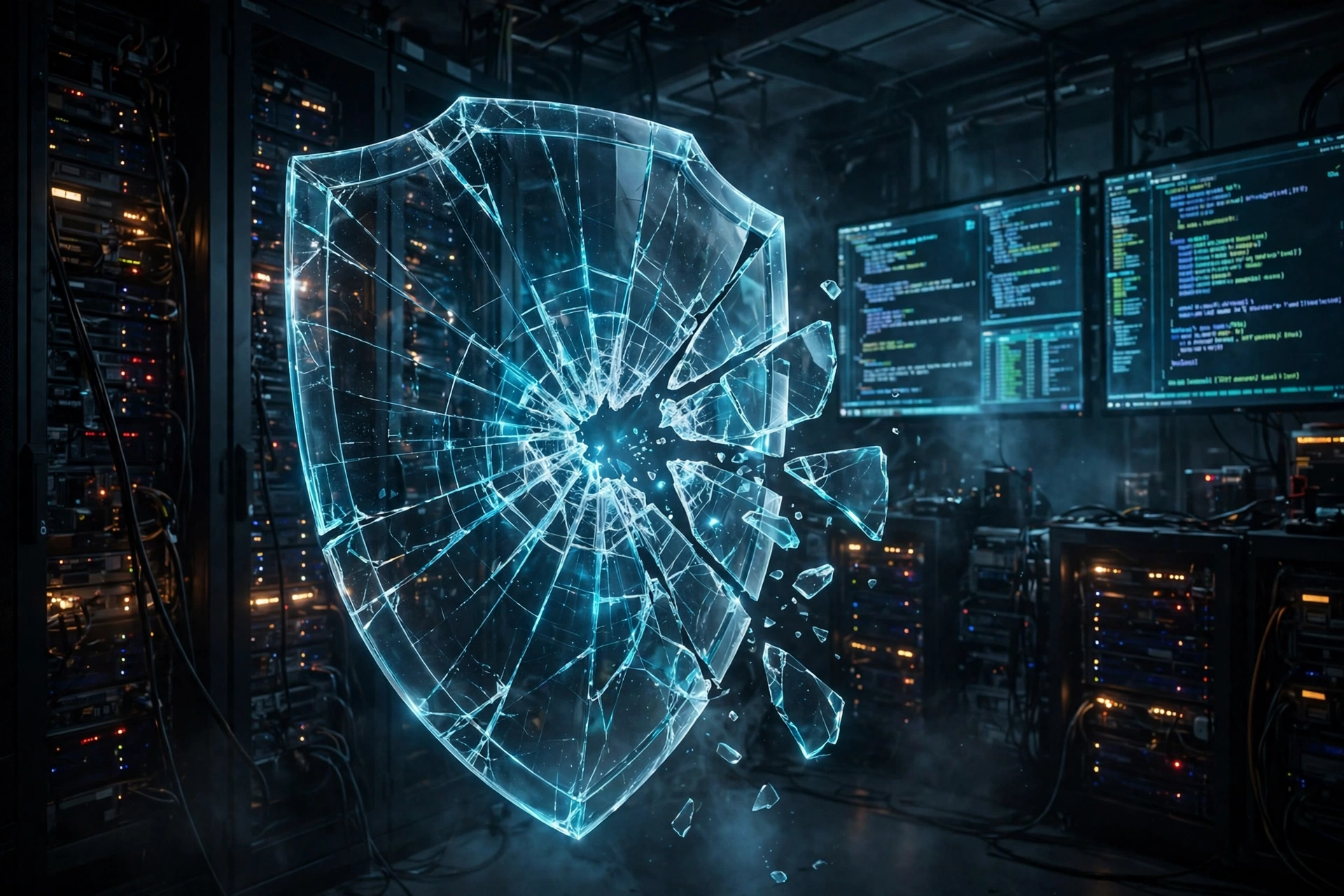 Dark server room with glowing code and a cracked digital shield
