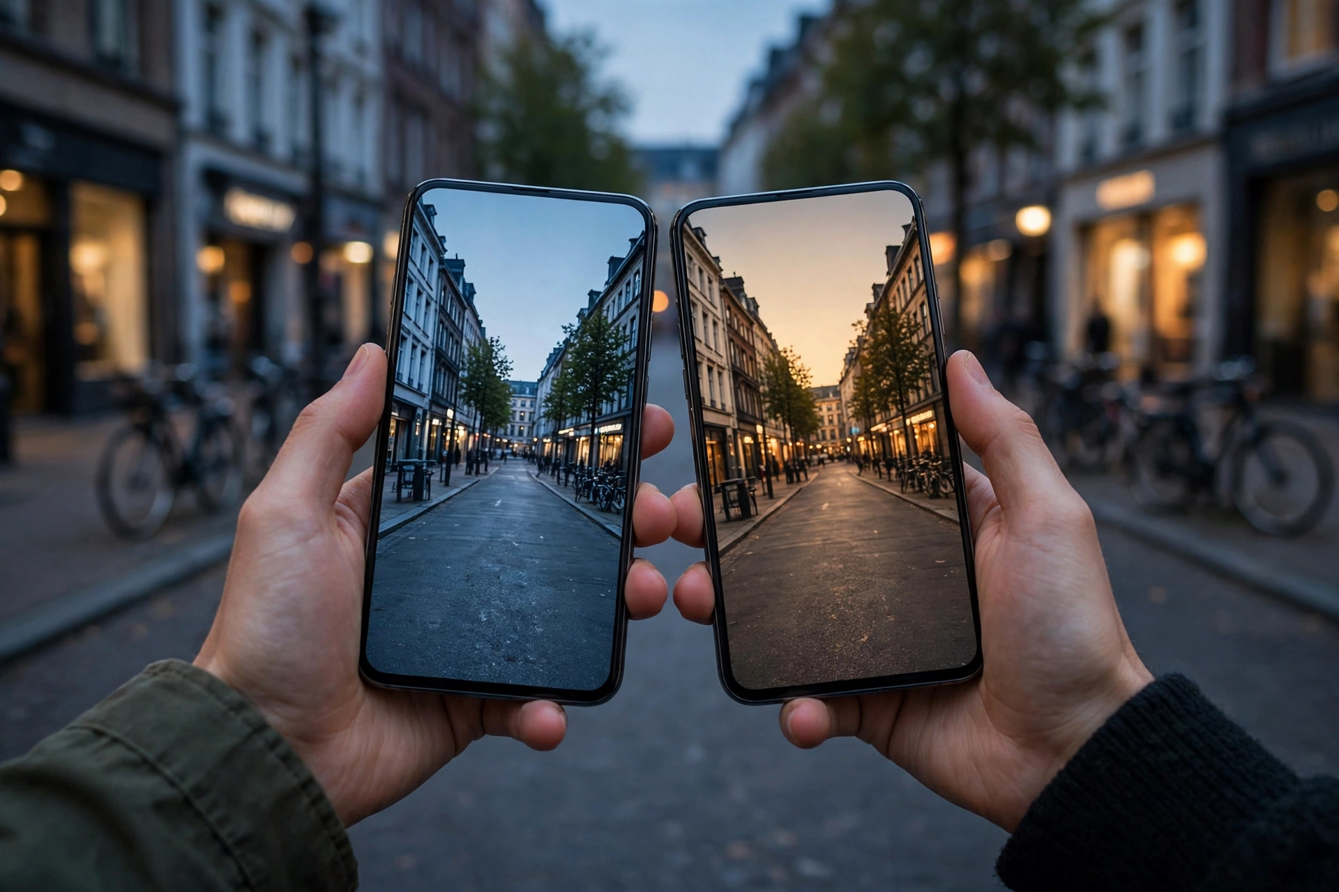 Two unbranded smartphones showing cool and warm street photos at dusk.