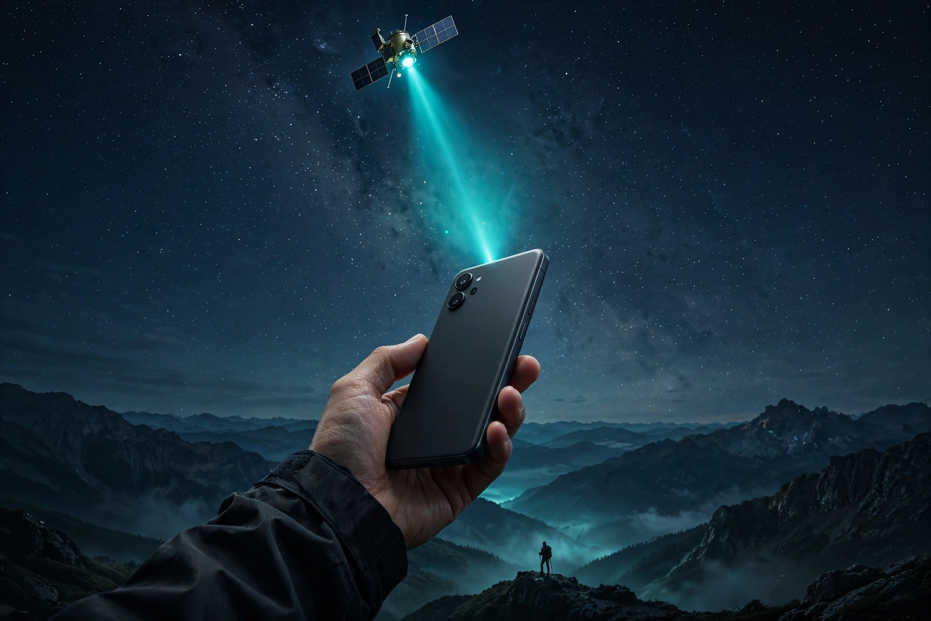 Pixel 9 Satellite SOS signal beaming to a phone under night sky