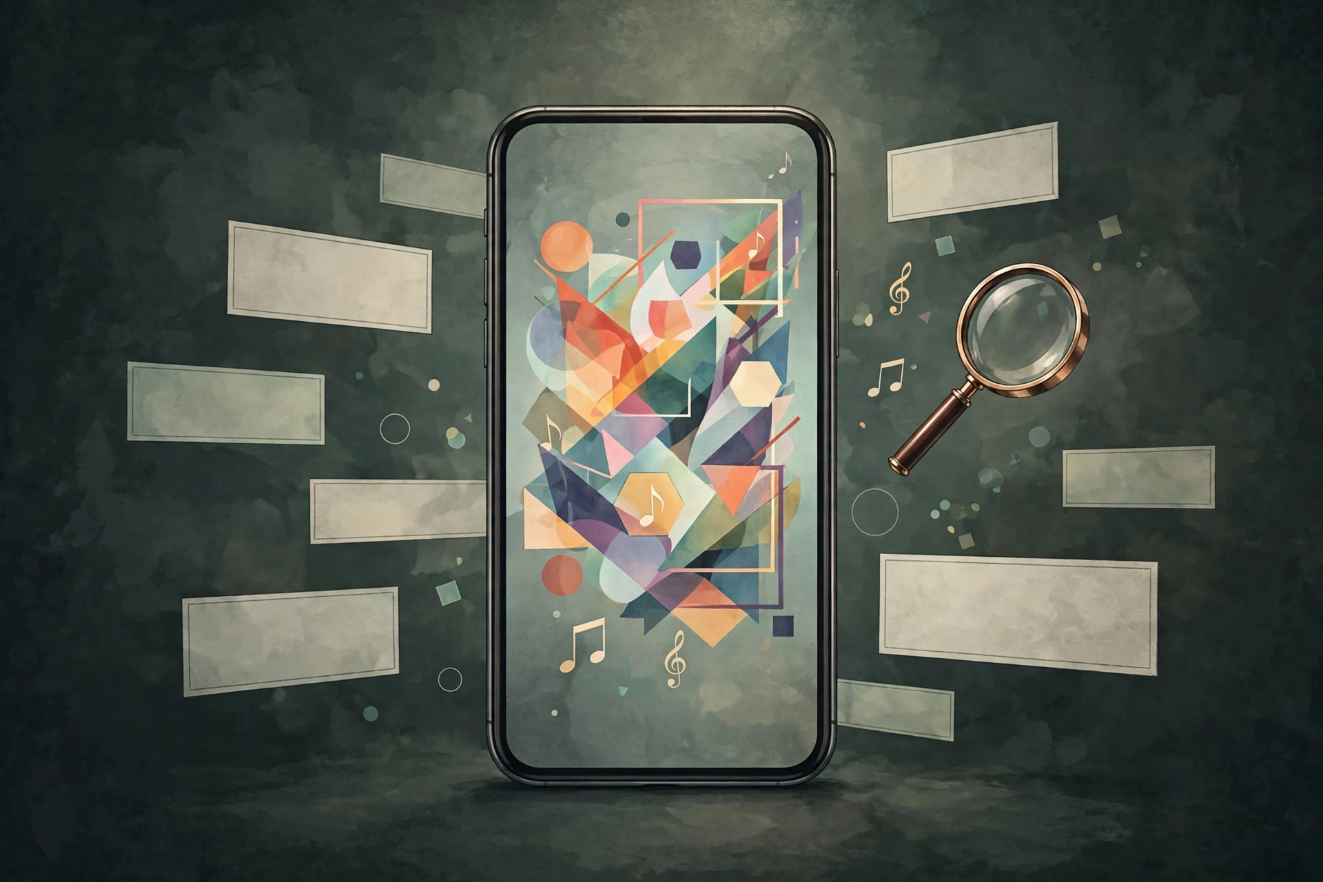 Smartphone showing abstract musical animation frames beside blank ad banners and magnifying glass.