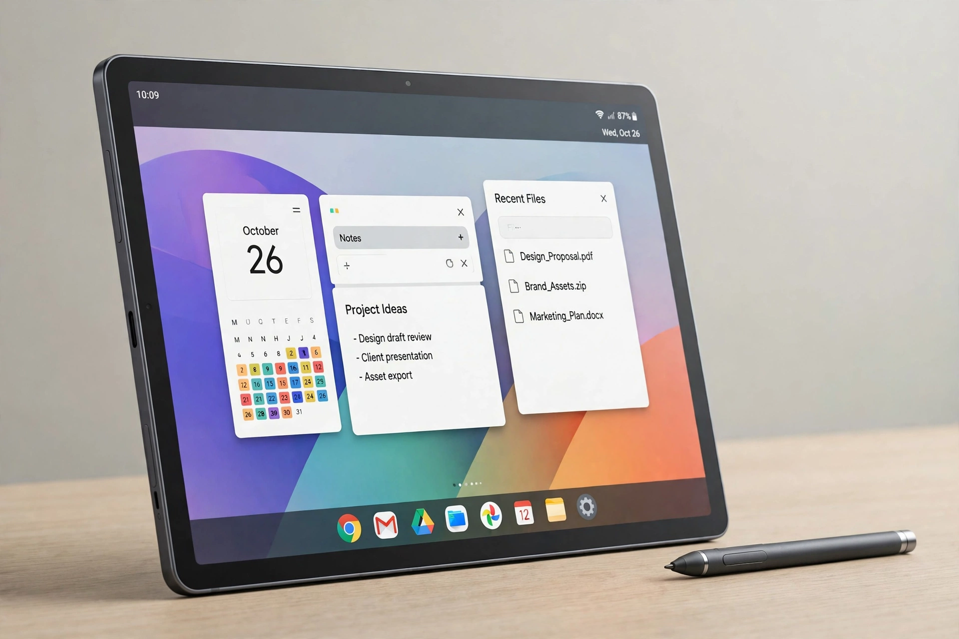 Original illustration of a large premium dark gray Android tablet with stylus on a desk