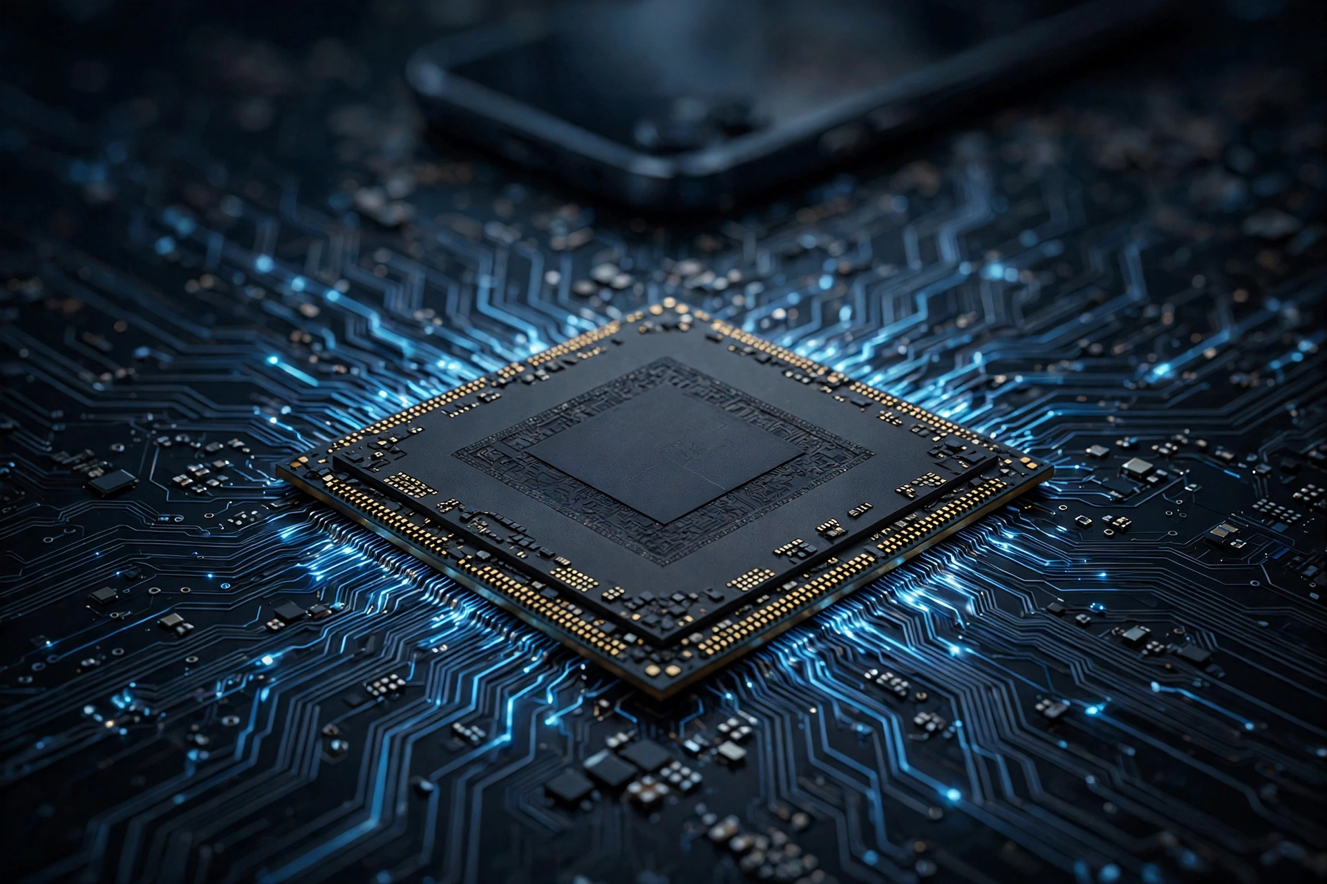 Dark processor chip with glowing blue circuit traces on circuit board