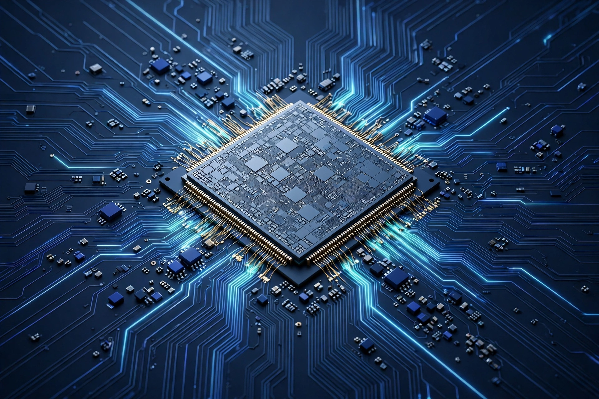 Original smartphone processor chip on a dark circuit board with glowing blue traces.