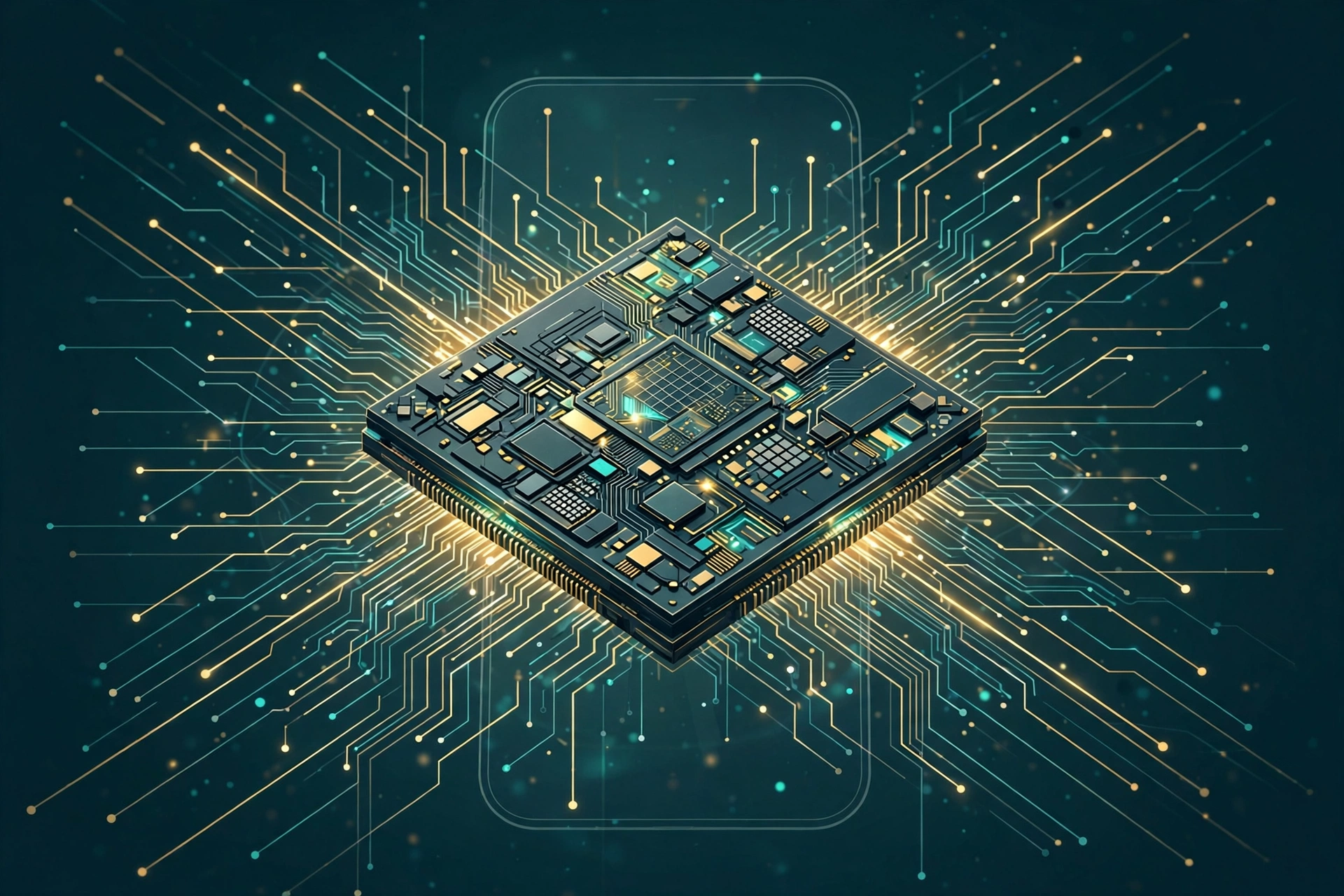 Illustrated mobile processor chip with glowing gold circuit traces on dark teal