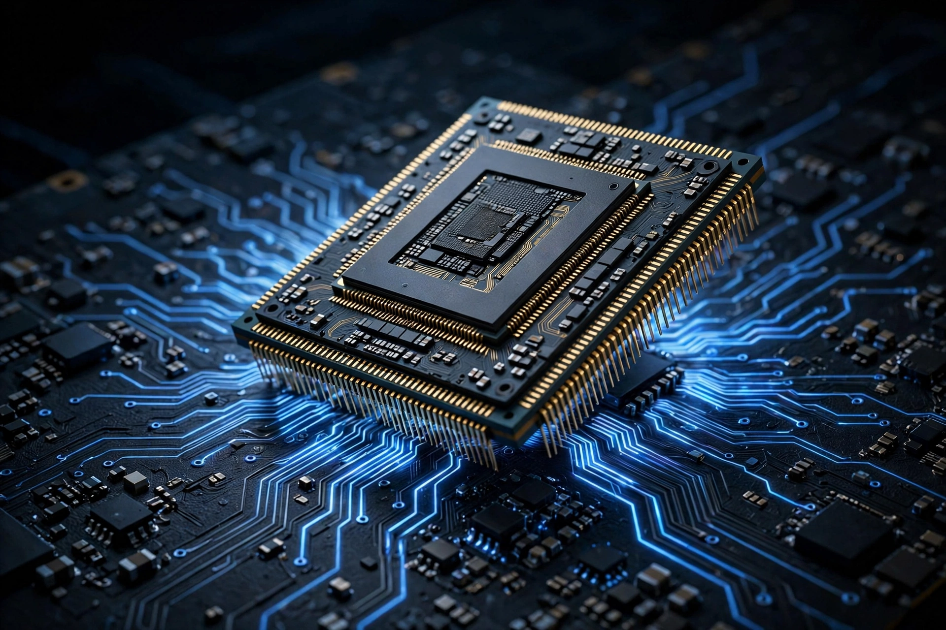 Illustrated processor chip with glowing blue traces on dark board